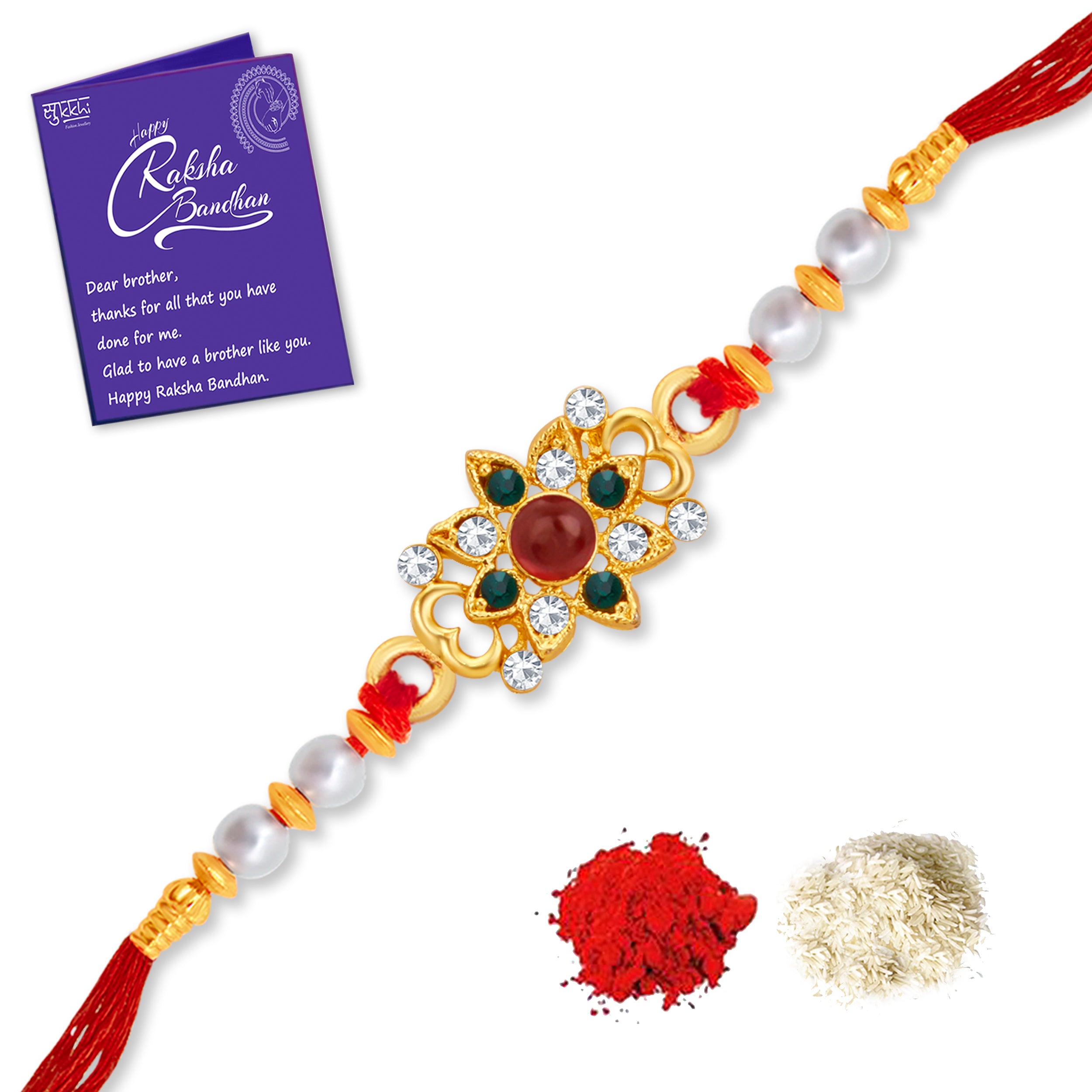 Sukkhi Trendy Gold Plated Rakhi with Roli Chawal and Raksha Bandhan Greeting Card For Men