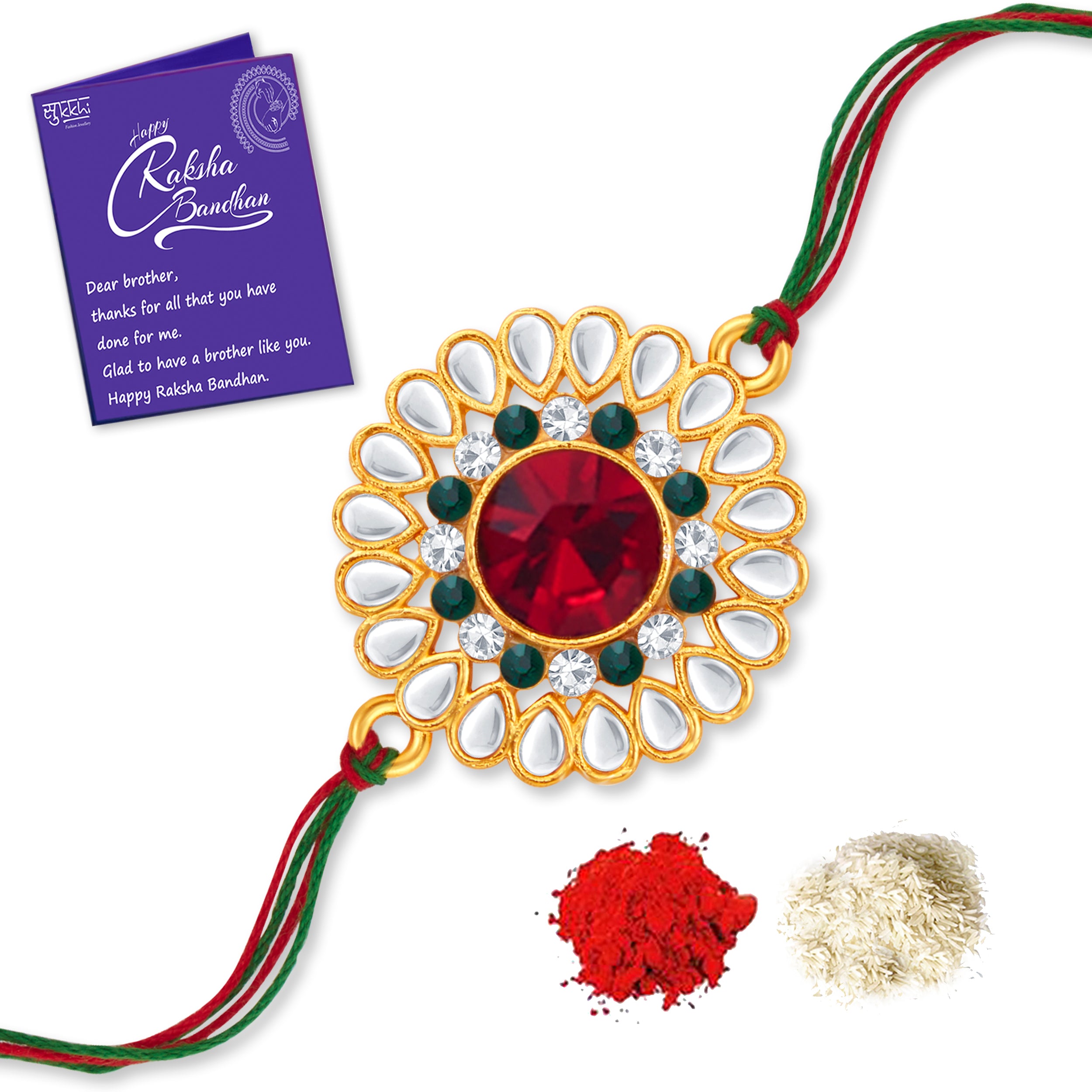 Sukkhi Glittery Gold Plated Floral Rakhi with Roli Chawal and Raksha Bandhan Greeting Card For Men