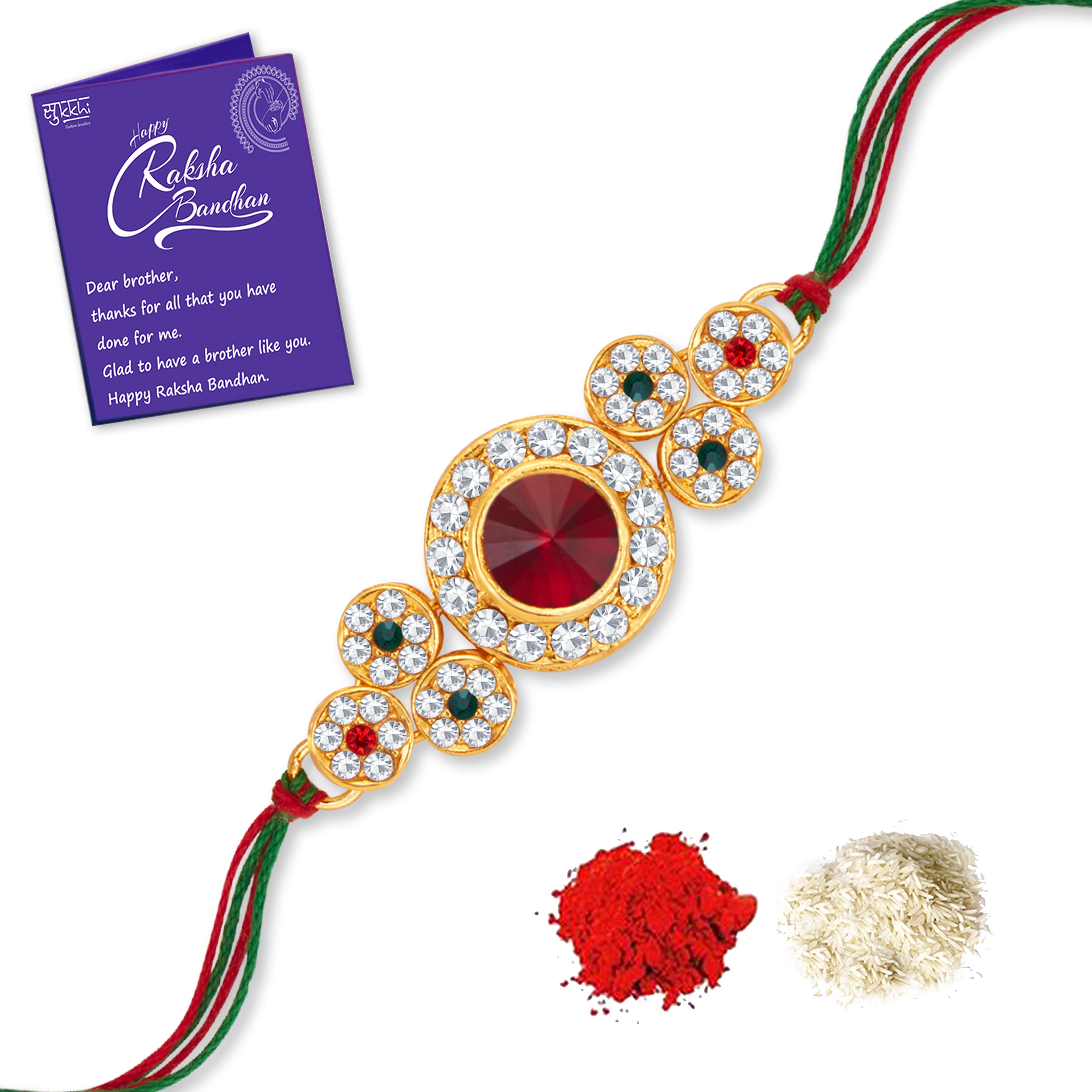 Sukkhi Classic Gold Plated Rakhi with Roli Chawal and Raksha Bandhan Greeting Card For Men