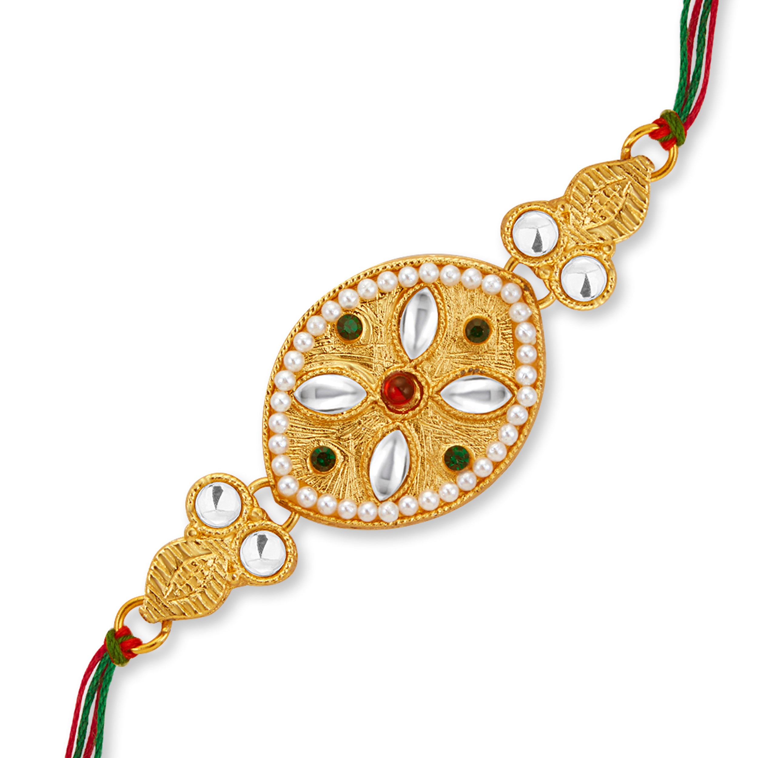 Sukkhi Glossy Gold Plated Kundan Rakhi with Roli Chawal and Raksha Bandhan Greeting Card For Men