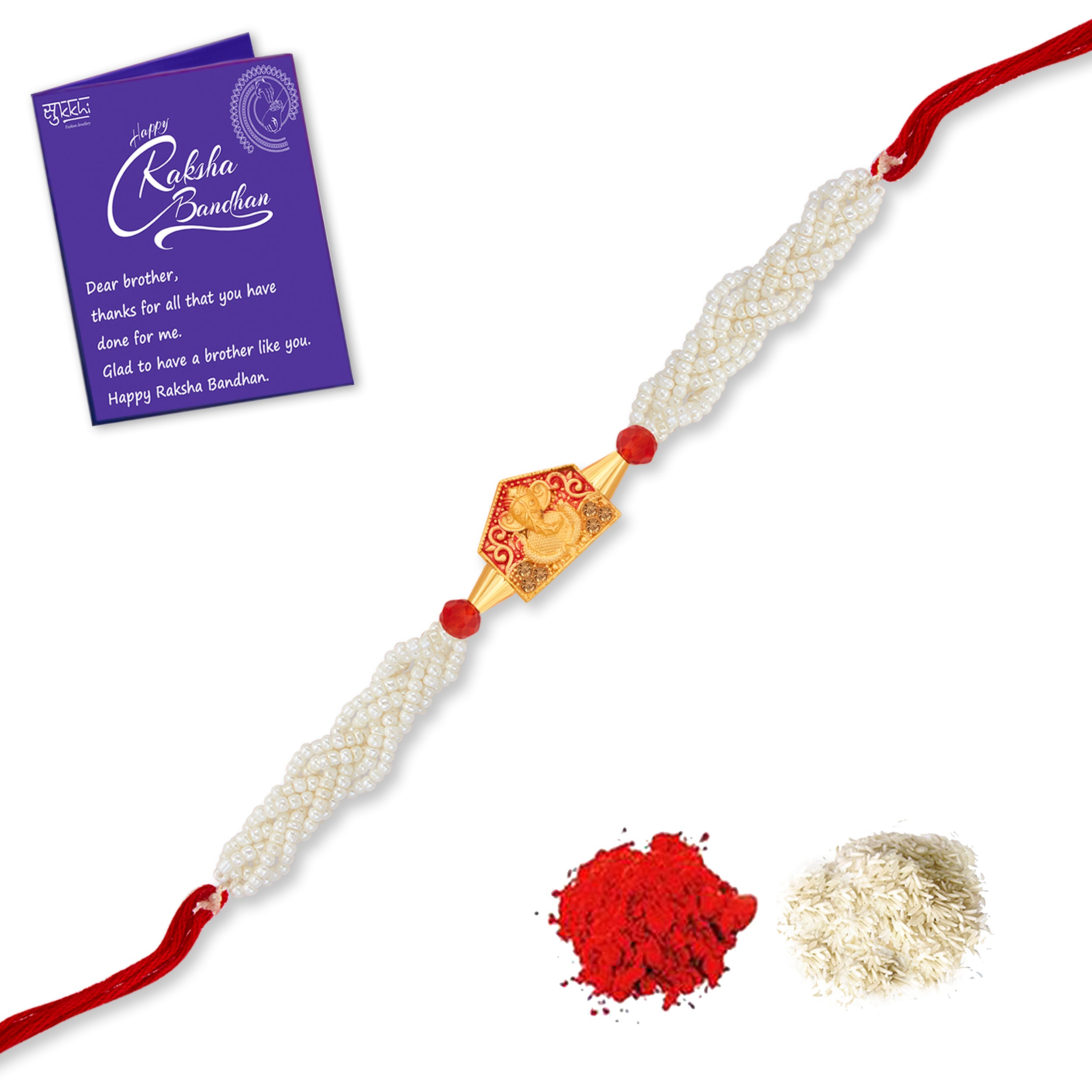Sukkhi Exclusive Gold Plated Ganesh Rakhi with Roli Chawal and Raksha Bandhan Greeting Card For Men