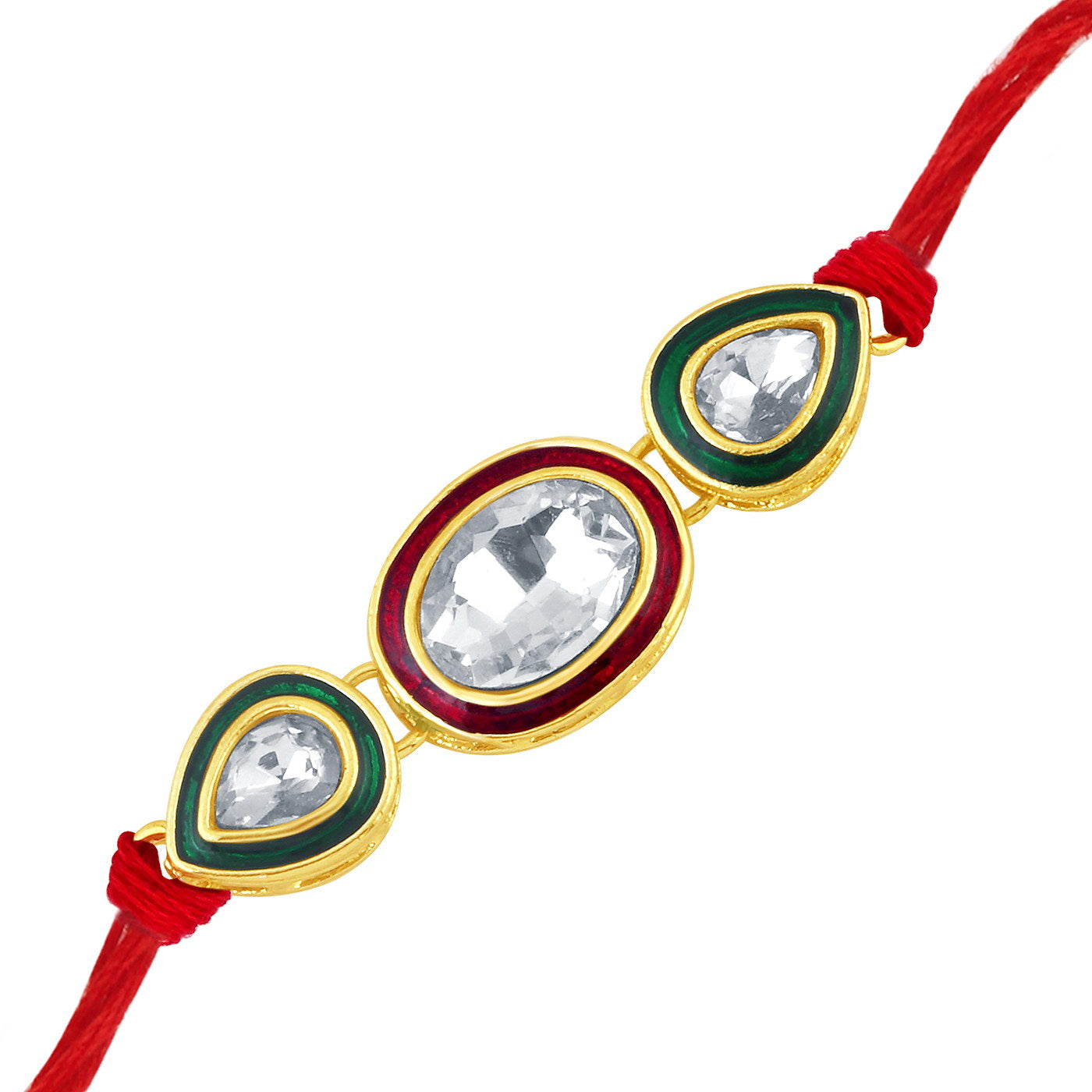 Sukkhi Gleaming Gold Plated Oval Meenakari Rakhi with Roli chawal and Greeting Card