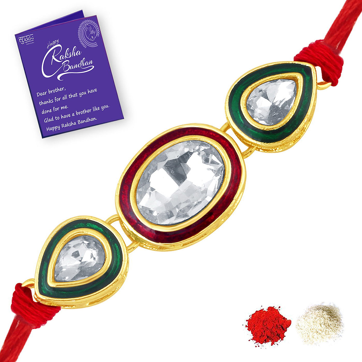 Sukkhi Gleaming Gold Plated Oval Meenakari Rakhi with Roli Chawal and Raksha Bandhan Greeting Card For Men