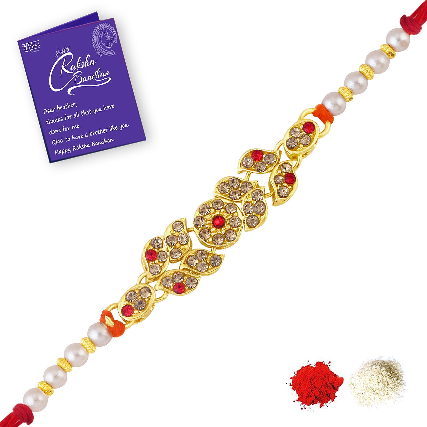 Sukkhi Spectacular Gold Plated LCT Stone Rakhi Combo (Set of 3) with Roli Chawal and Raksha Bandhan Greeting Card For Men