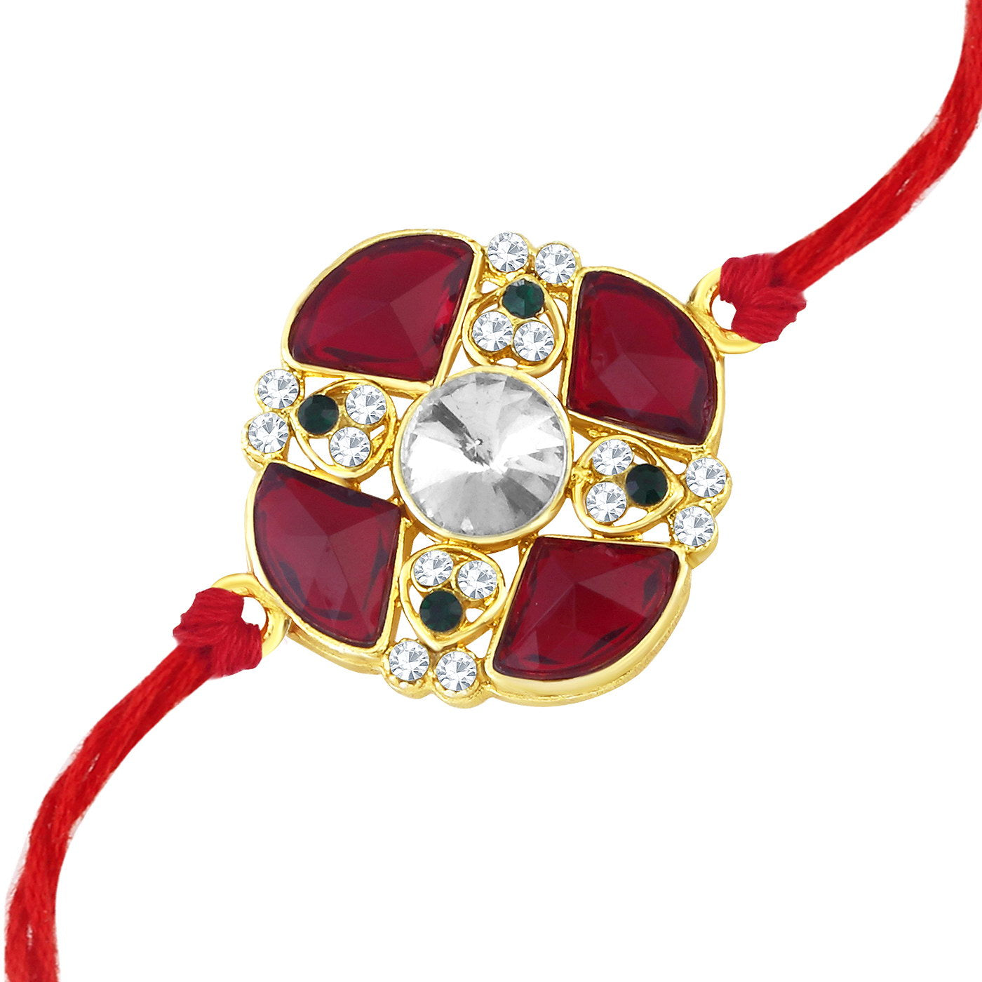 Sukkhi Classic Gold Plated Round Red Rakhi with Roli Chawal and Raksha Bandhan Greeting Card For Men