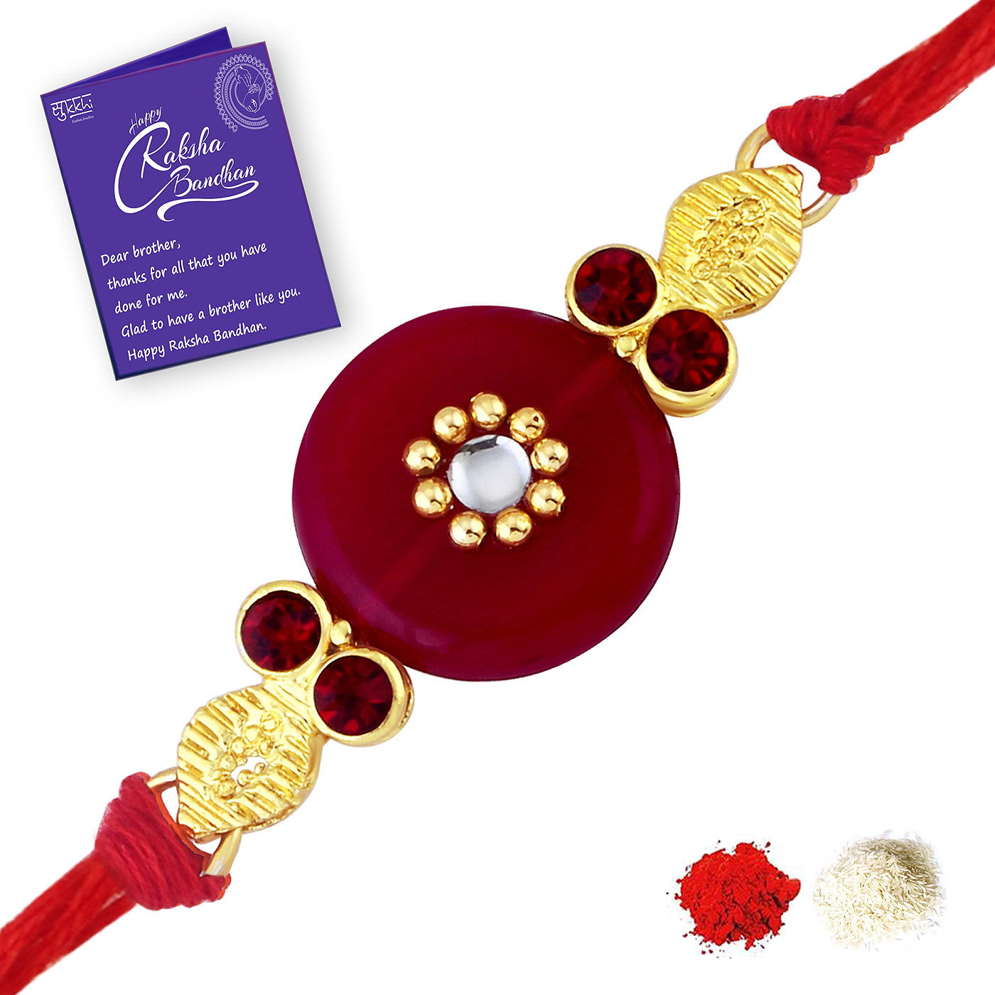 Sukkhi Traditional Gold Plated Kundan Meenakari Rakhi Combo (Set of 3) with Roli Chawal and Raksha Bandhan Greeting Card For Men