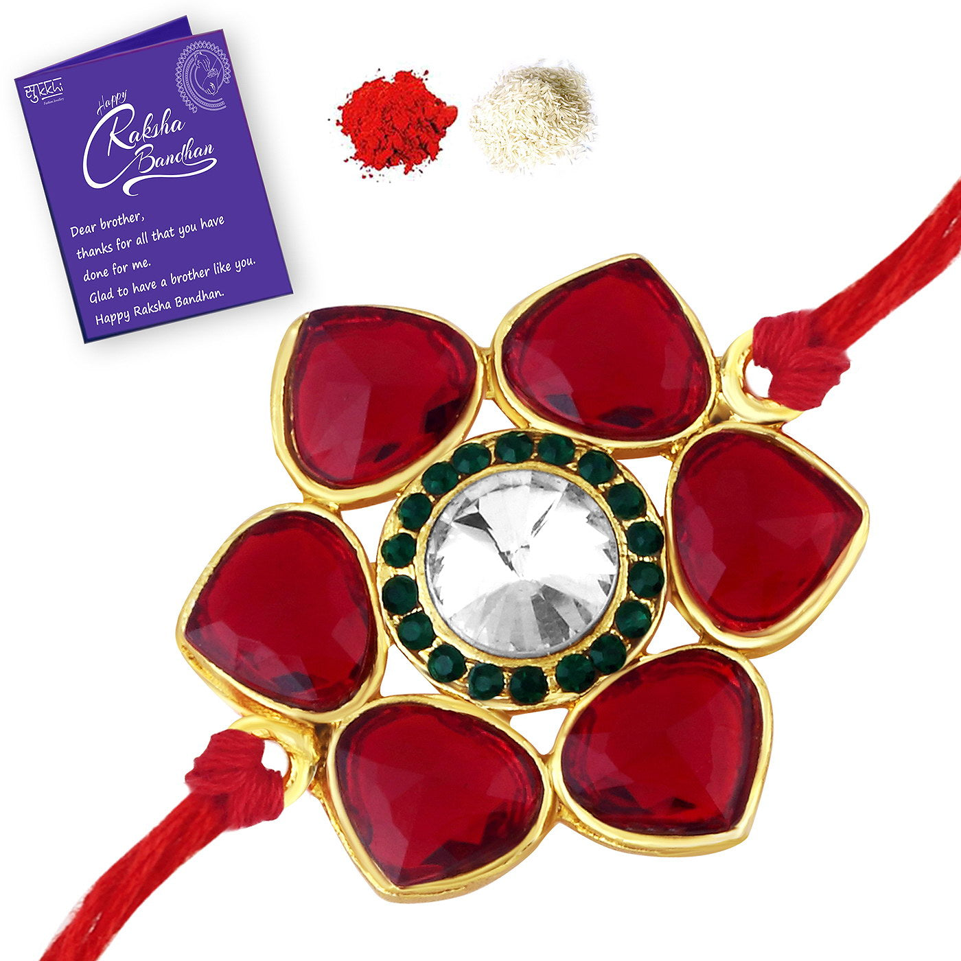 Sukkhi Splendid Gold Plated Pearl Rakhi Combo (Set of 3) with Roli Chawal and Raksha Bandhan Greeting Card For Men