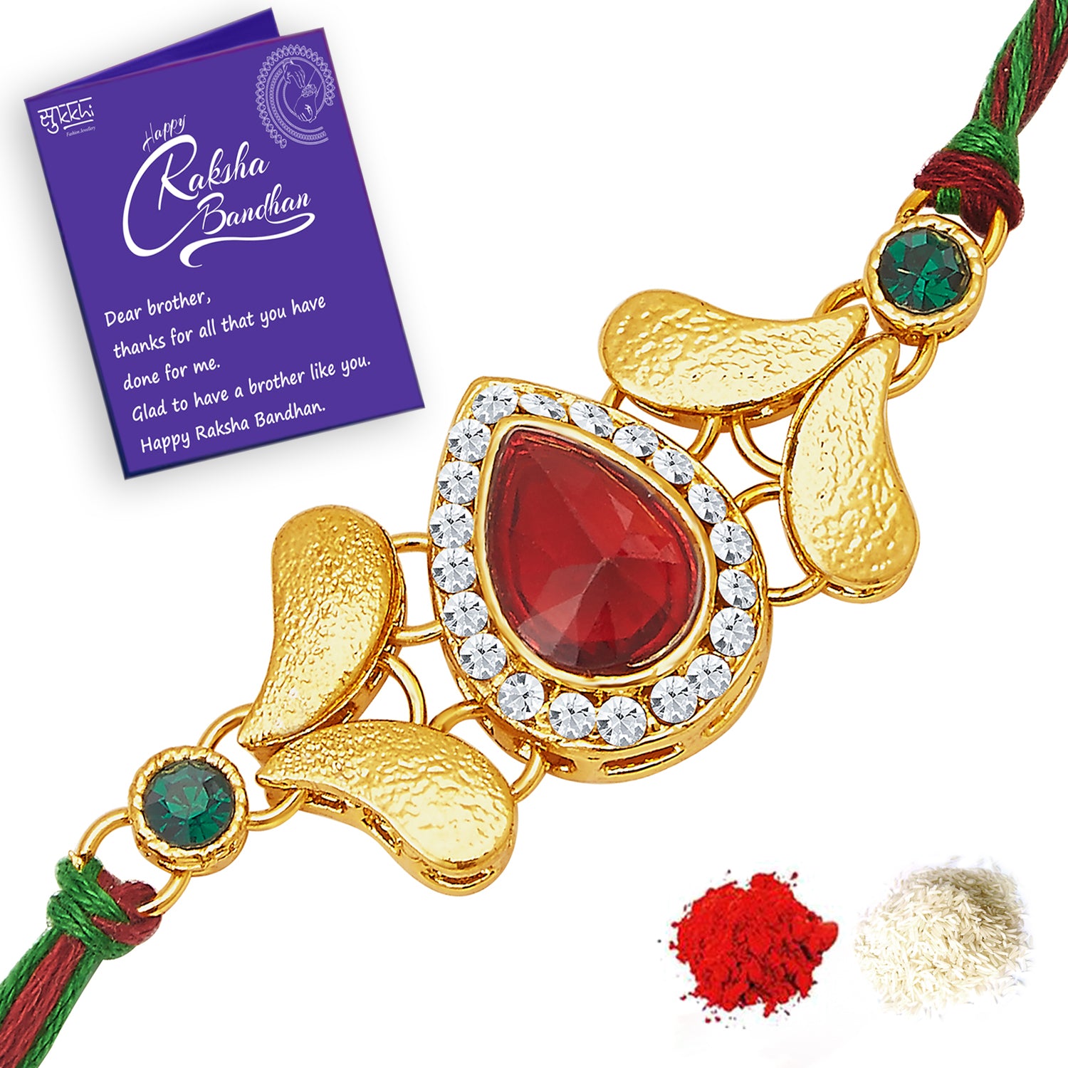 Sukkhi Ethnic Gold Plated Peacock Meenakari Rakhi Combo (Set of 3) with Roli Chawal and Raksha Bandhan Greeting Card For Men