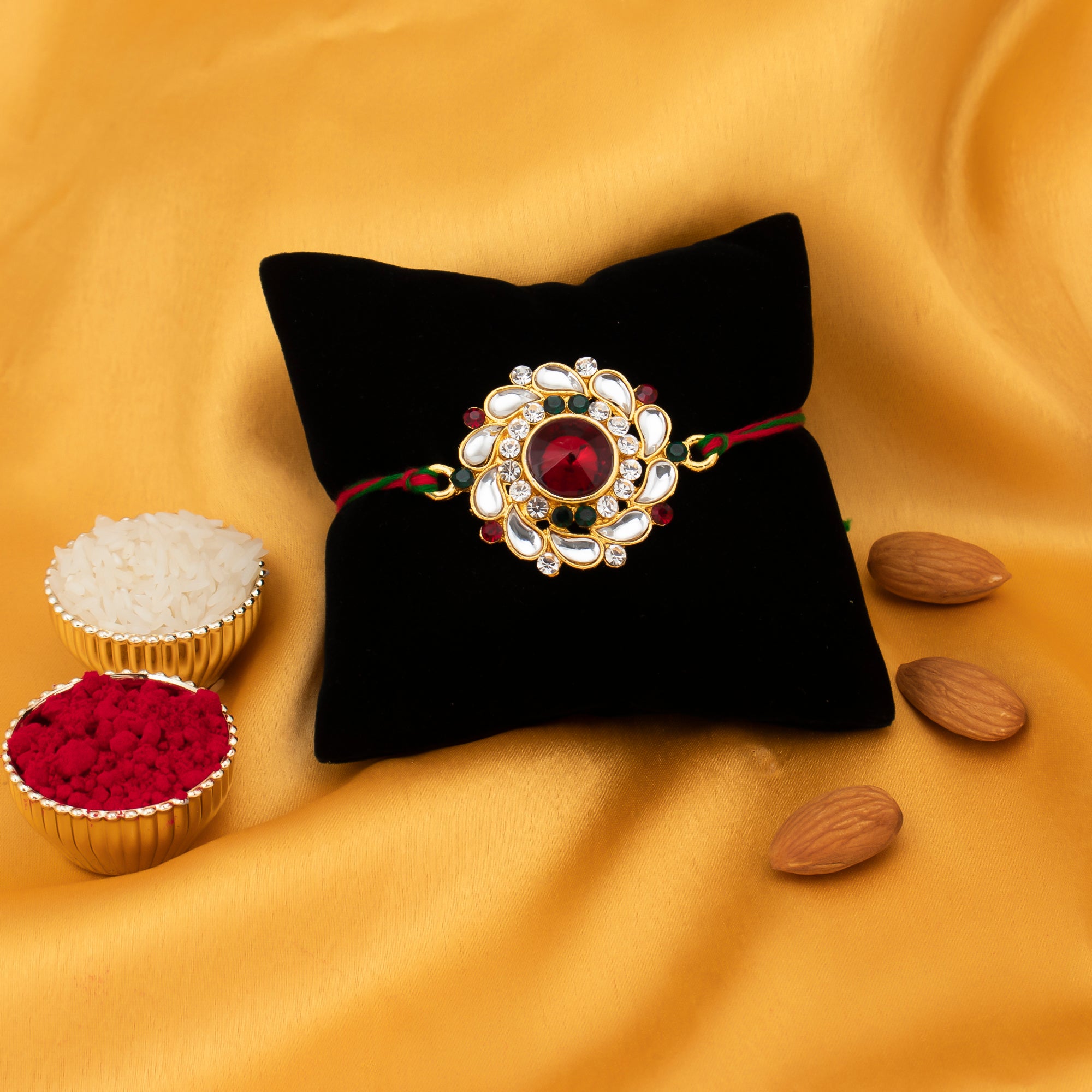 Sukkhi Elegant Kundan Rakhi with Roli Chawal and Raksha Bandhan Greeting Card For Men