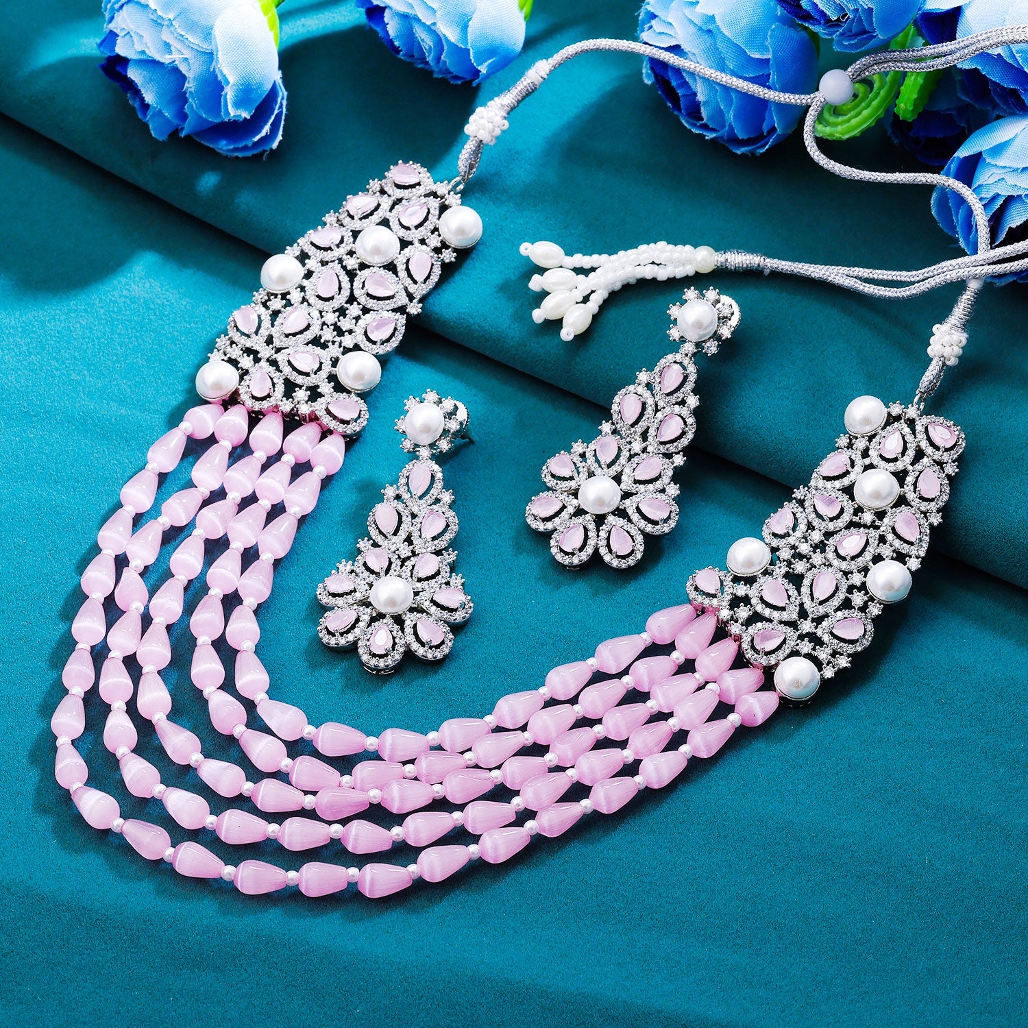 Sukkhi Pink Rhodium Plated CZ & Pearl Strings Necklace Set For Women
