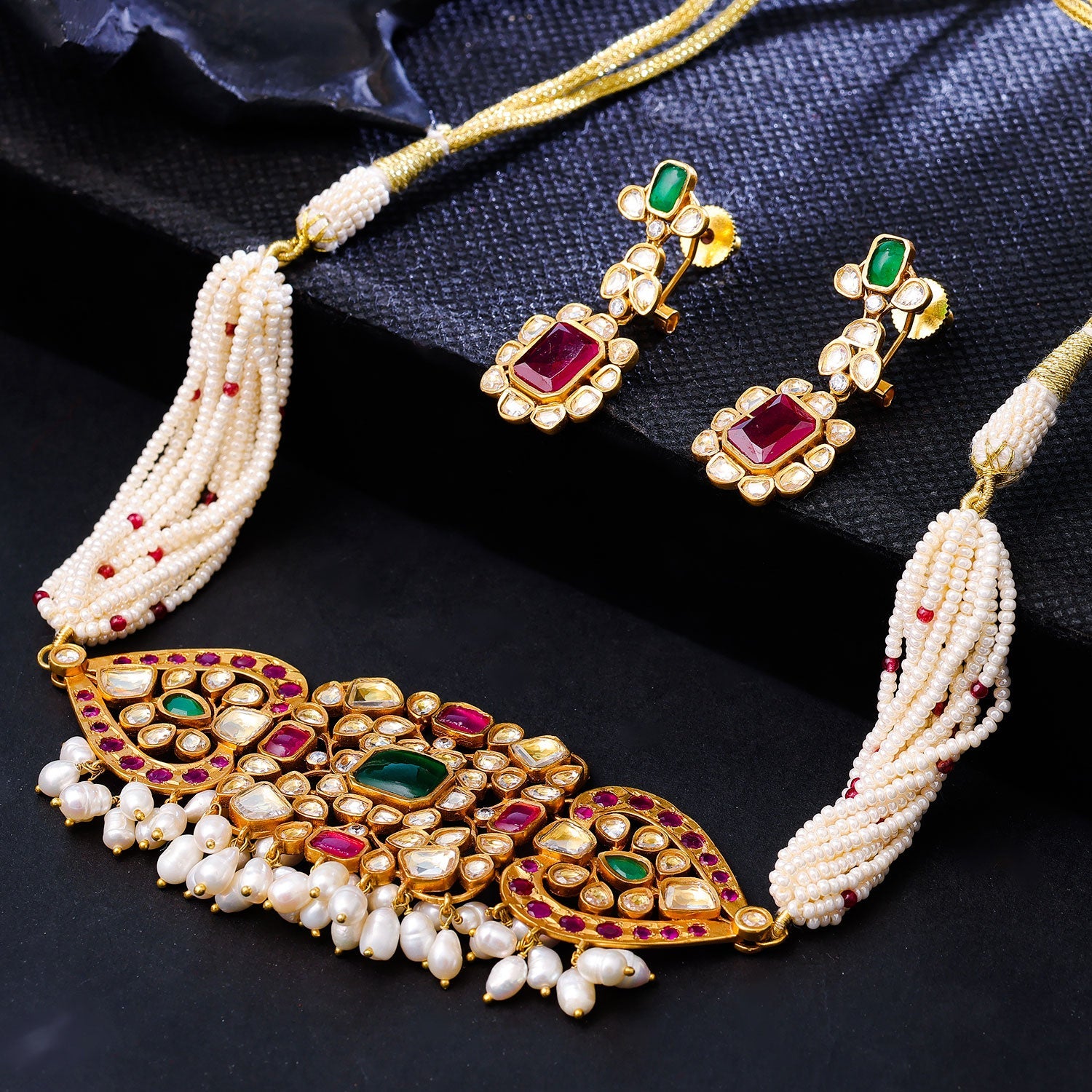 Sukkhi Golden Gold Plated Kundan & Pearl Choker Necklace Set For Women