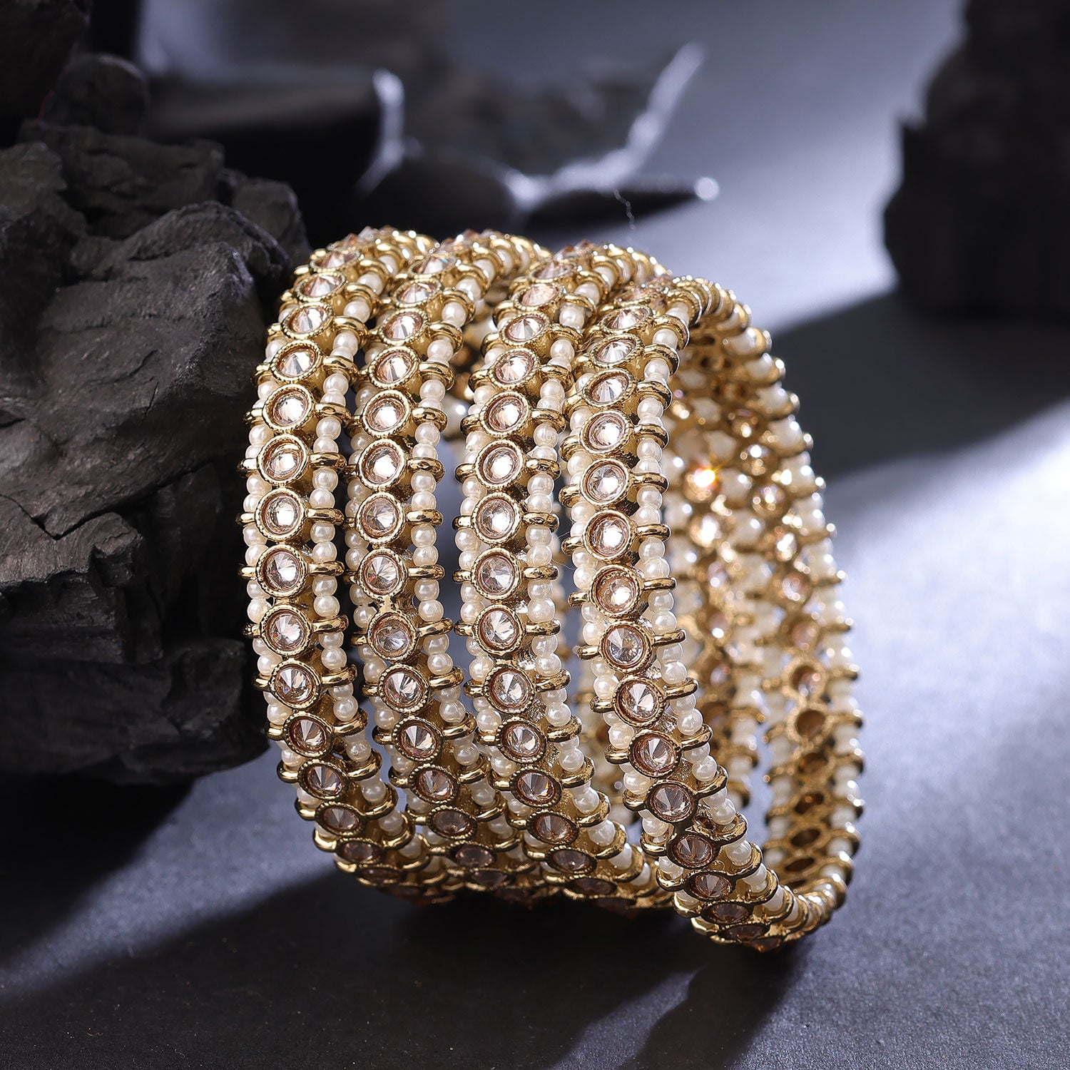 Sukkhi Golden Gold Plated Reverse Ad & Pearl Bangles For Women