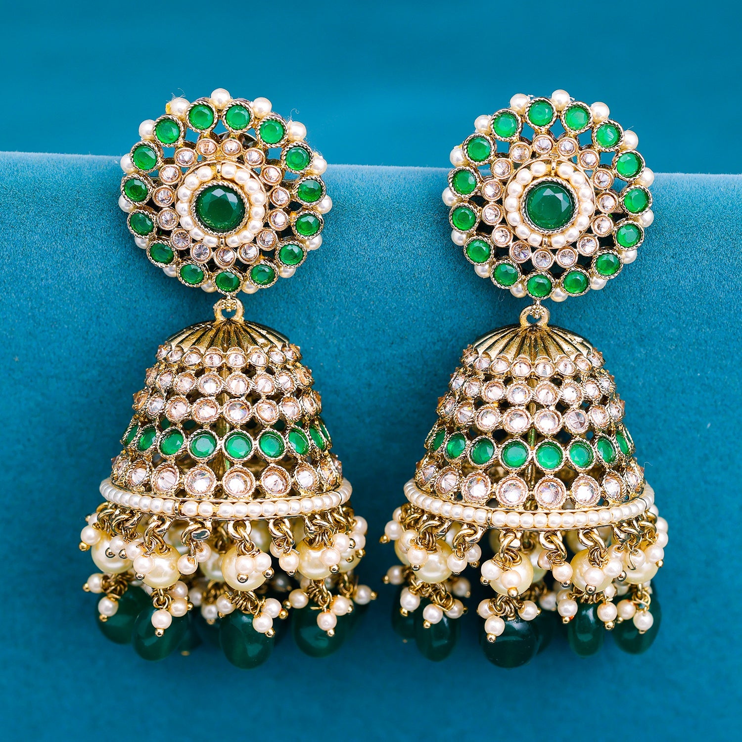 Sukkhi Green Gold Plated Reverse AD & Pearl Jhumka Earring For Women