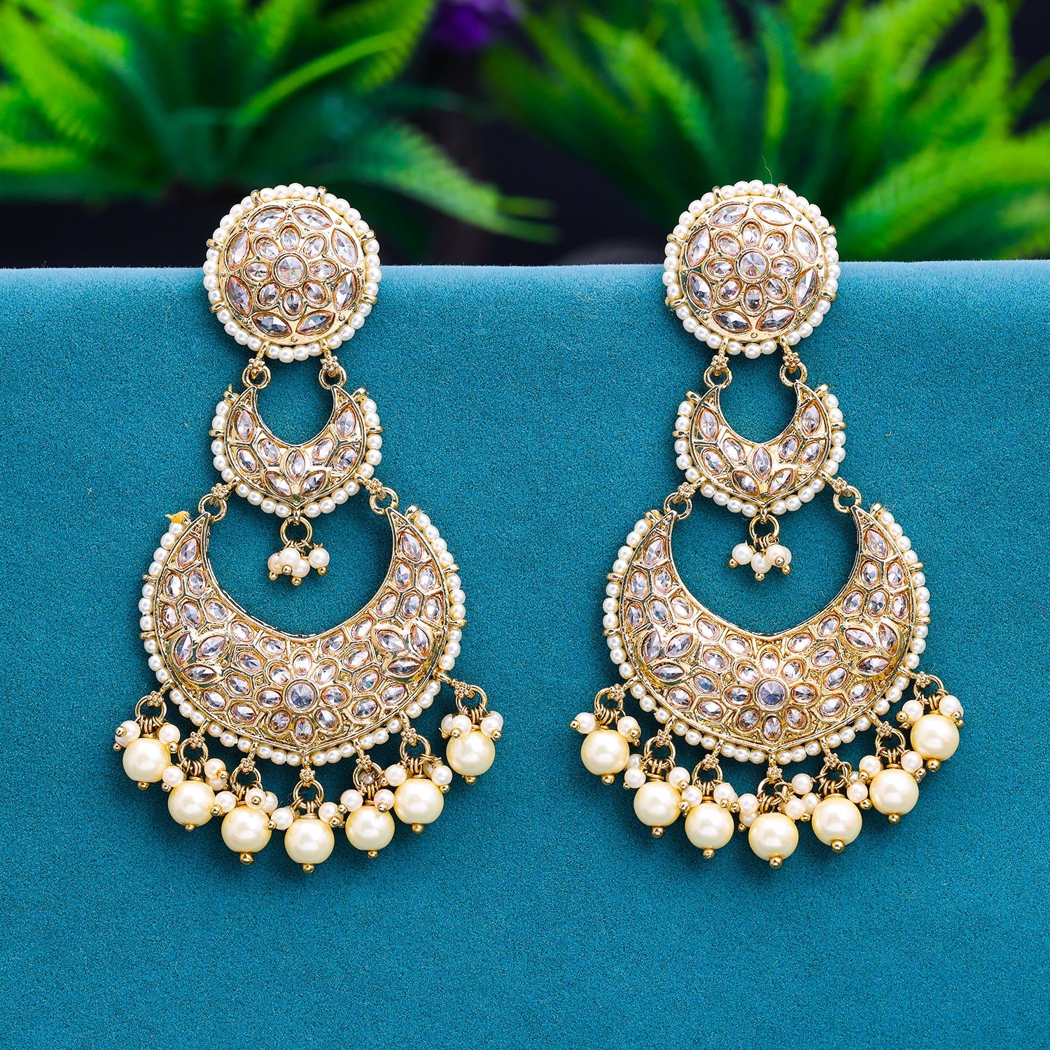 Sukkhi Golden Gold Plated Reverse AD & Pearl Dangle Earring For Women