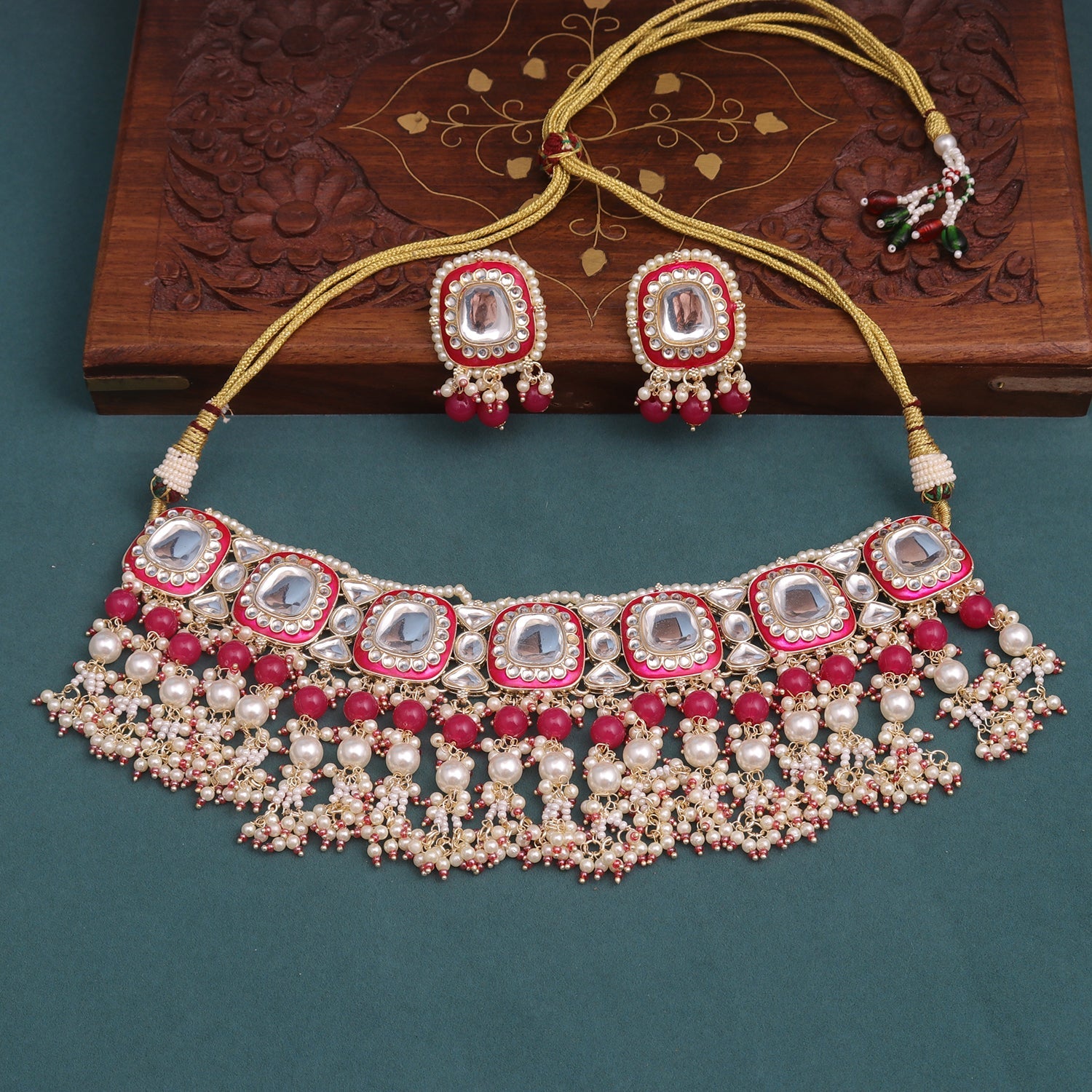 Sukkhi Pink Gold Plated Kundan & Pearl Choker Necklace Set For Women