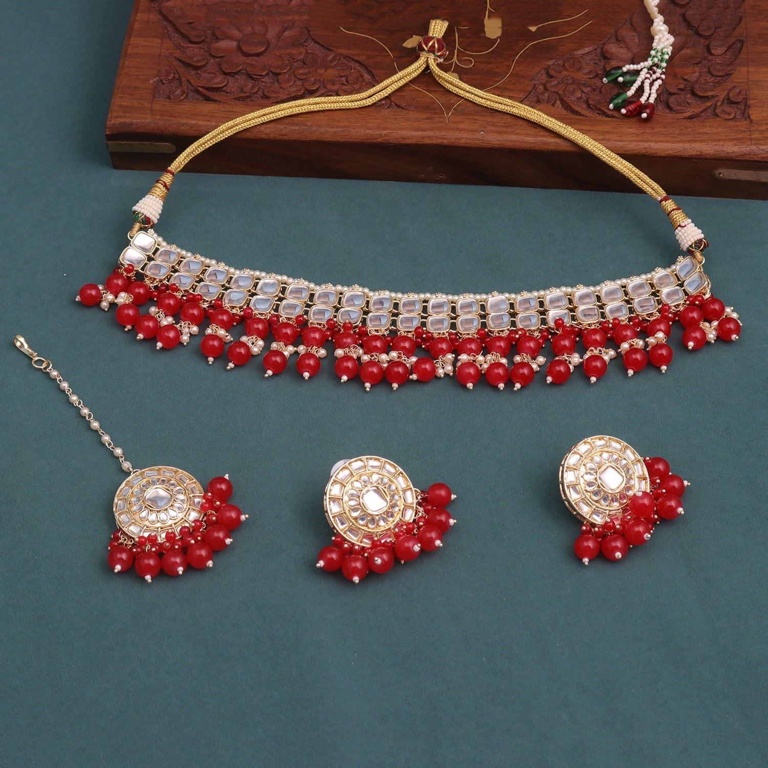 Sukkhi Ruby Gold Plated Kundan & Pearl Choker Necklace Set For Women