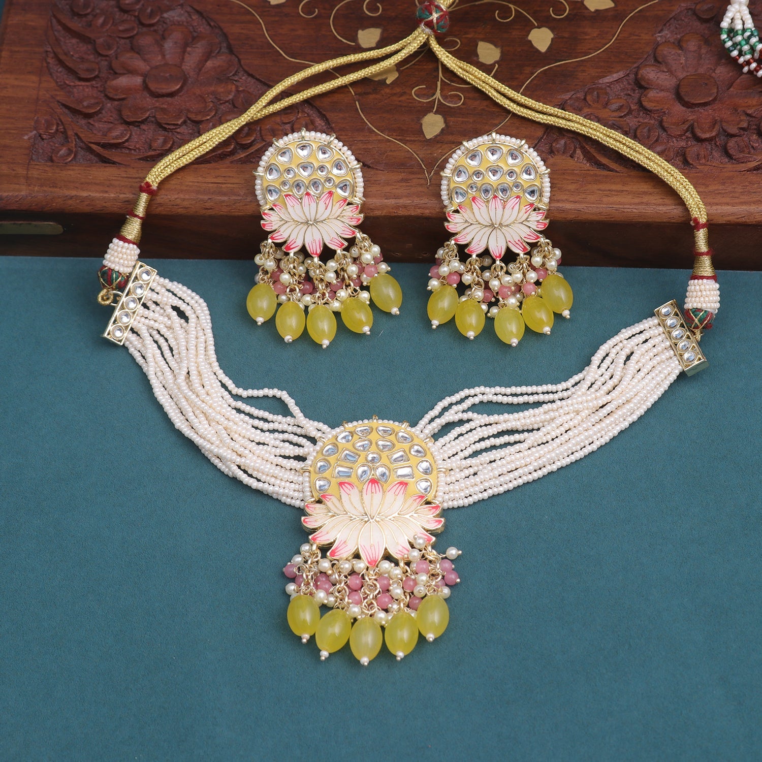 Sukkhi Yellow Gold Plated Kundan & Pearl Choker Necklace Set For Women