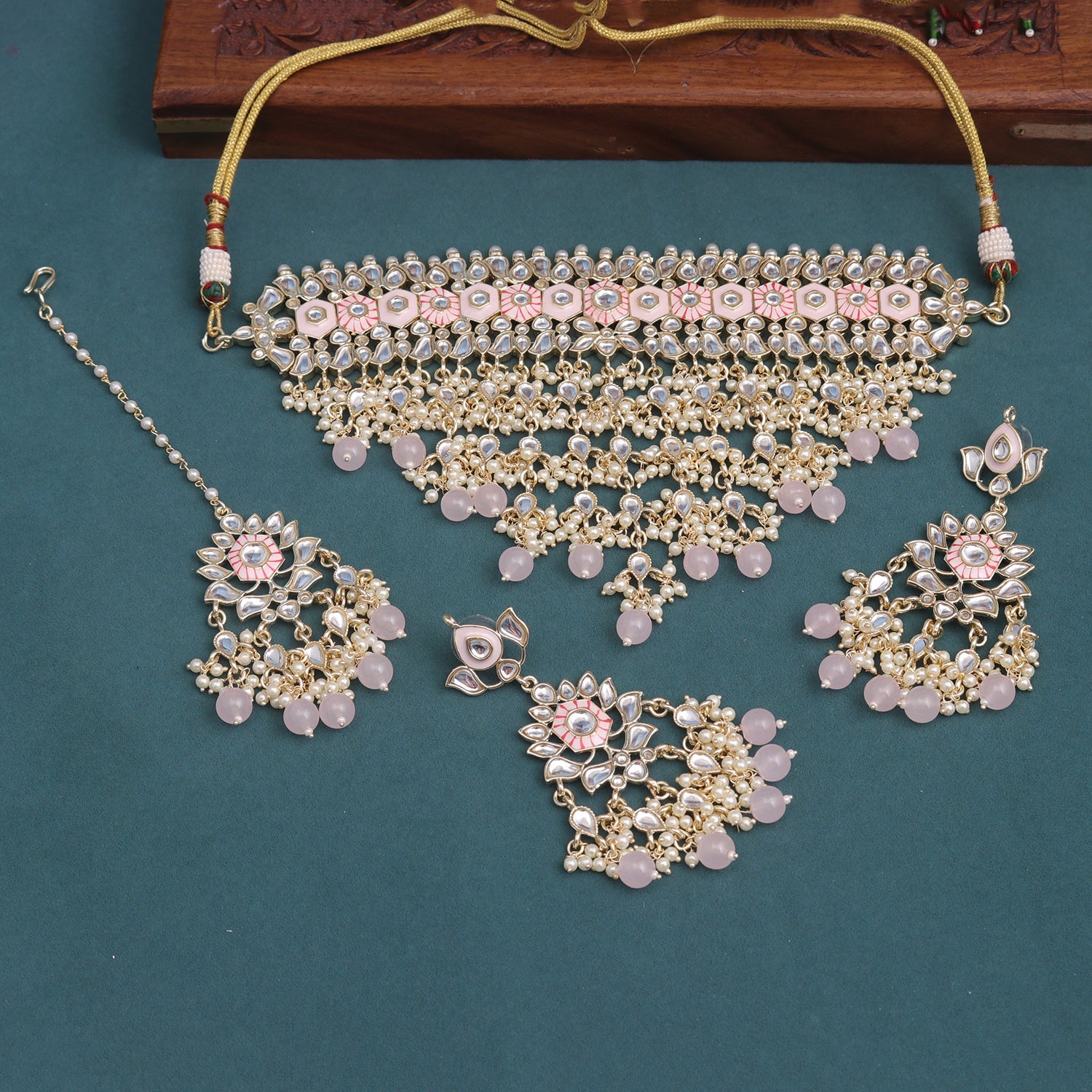 Sukkhi Pink Gold Plated Kundan & Pearl Choker Necklace Set For Women