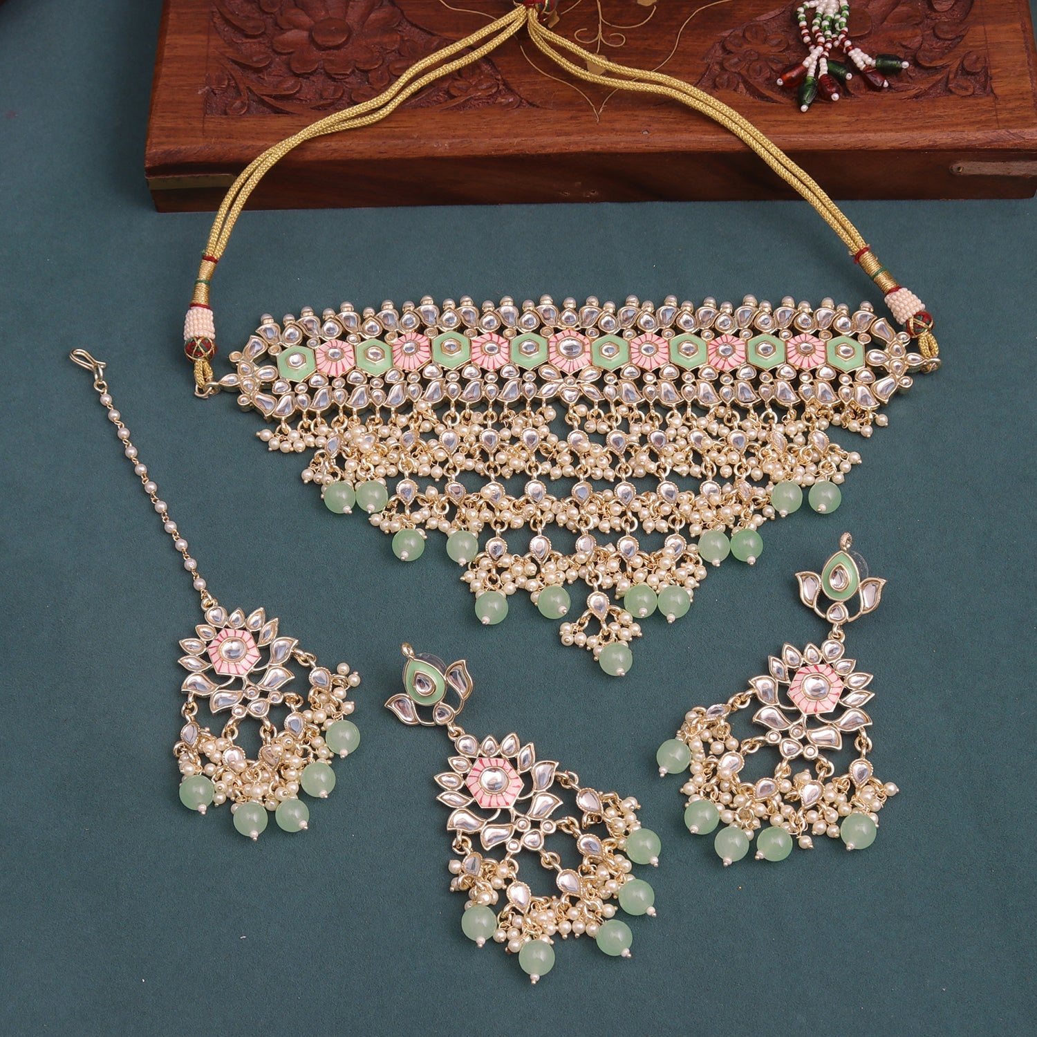 Sukkhi Multi Gold Plated Kundan & Pearl Choker Necklace Set For Women