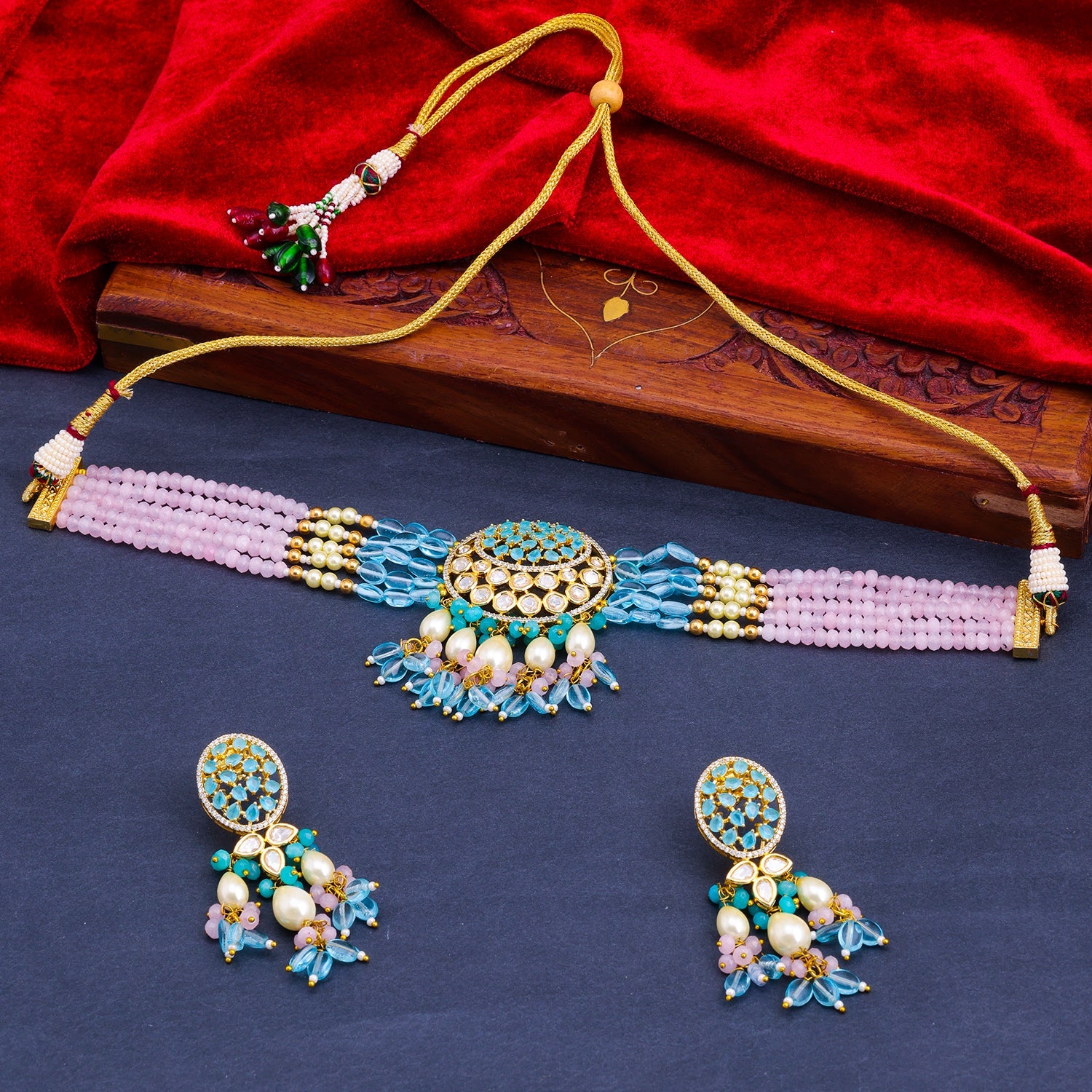 Sukkhi Multi Gold Plated Kundan & Pearl Choker Necklace Set For Women
