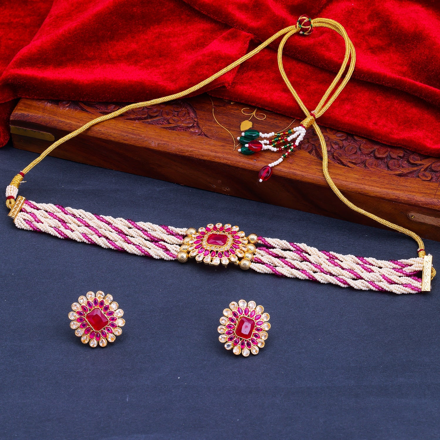 Sukkhi Pink Gold Plated Kundan & Pearl Choker Necklace Set For Women
