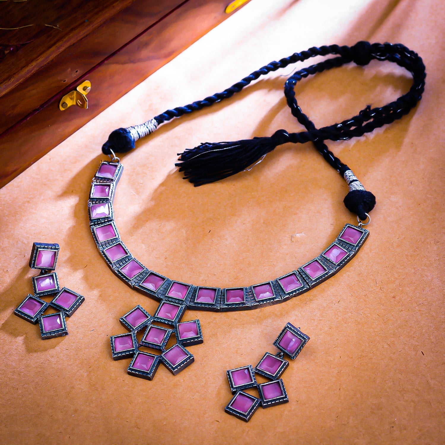 Sukkhi Pink Oxidised Pearl Choker Necklace Set For Women