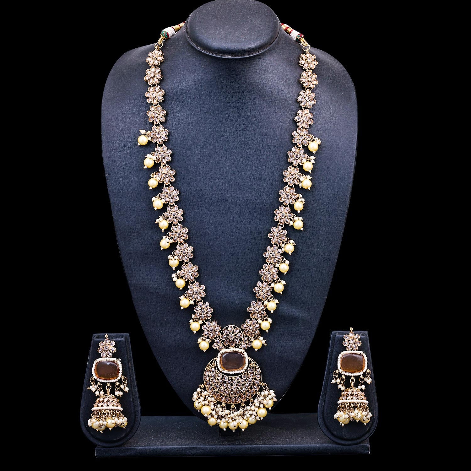 Sukkhi Golden Gold Plated Reverse AD & Pearl Long Necklace Set For Women