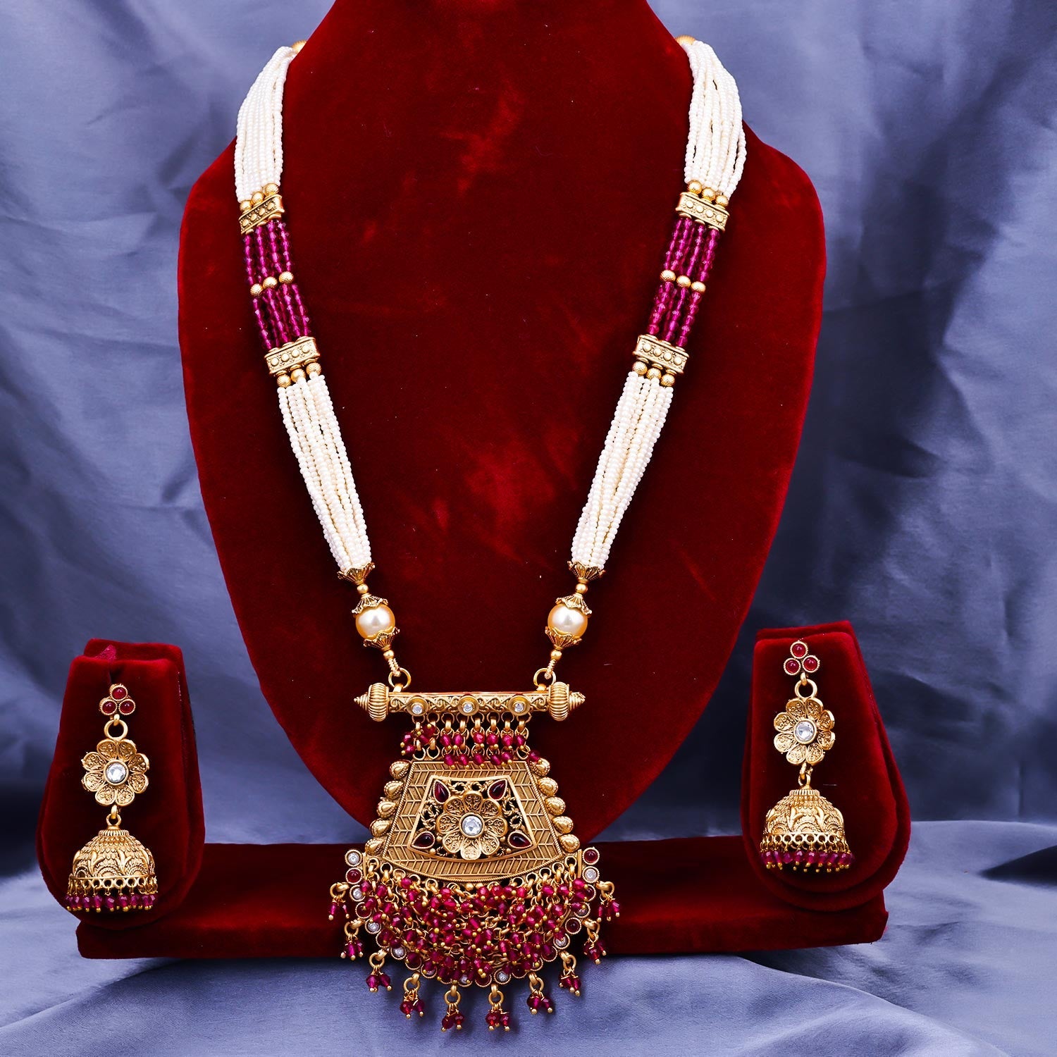 Sukkhi Pink Gold Plated Kundan & Pearl Long Necklace Set For Women