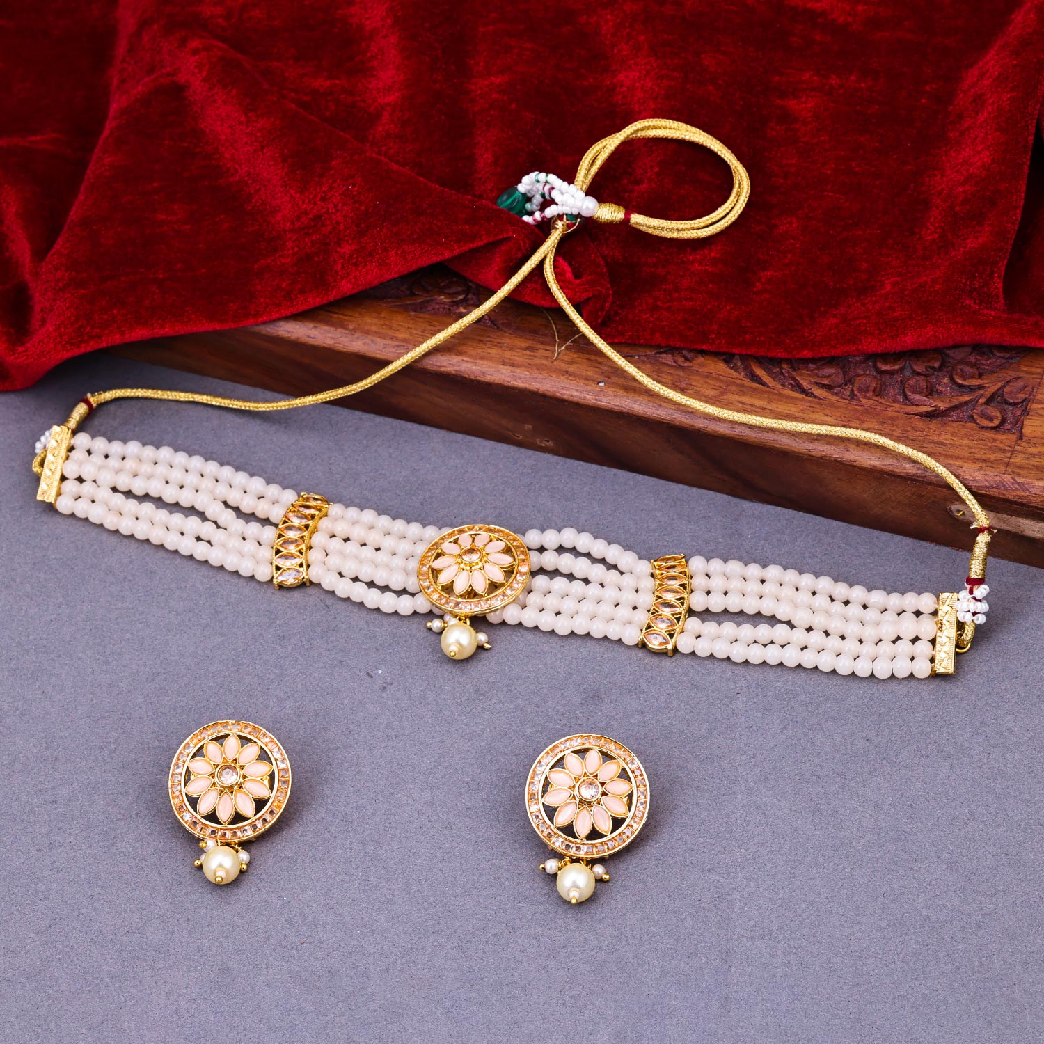 Sukkhi Peach Gold Plated Kundan & Pearl Choker Necklace Set For Women