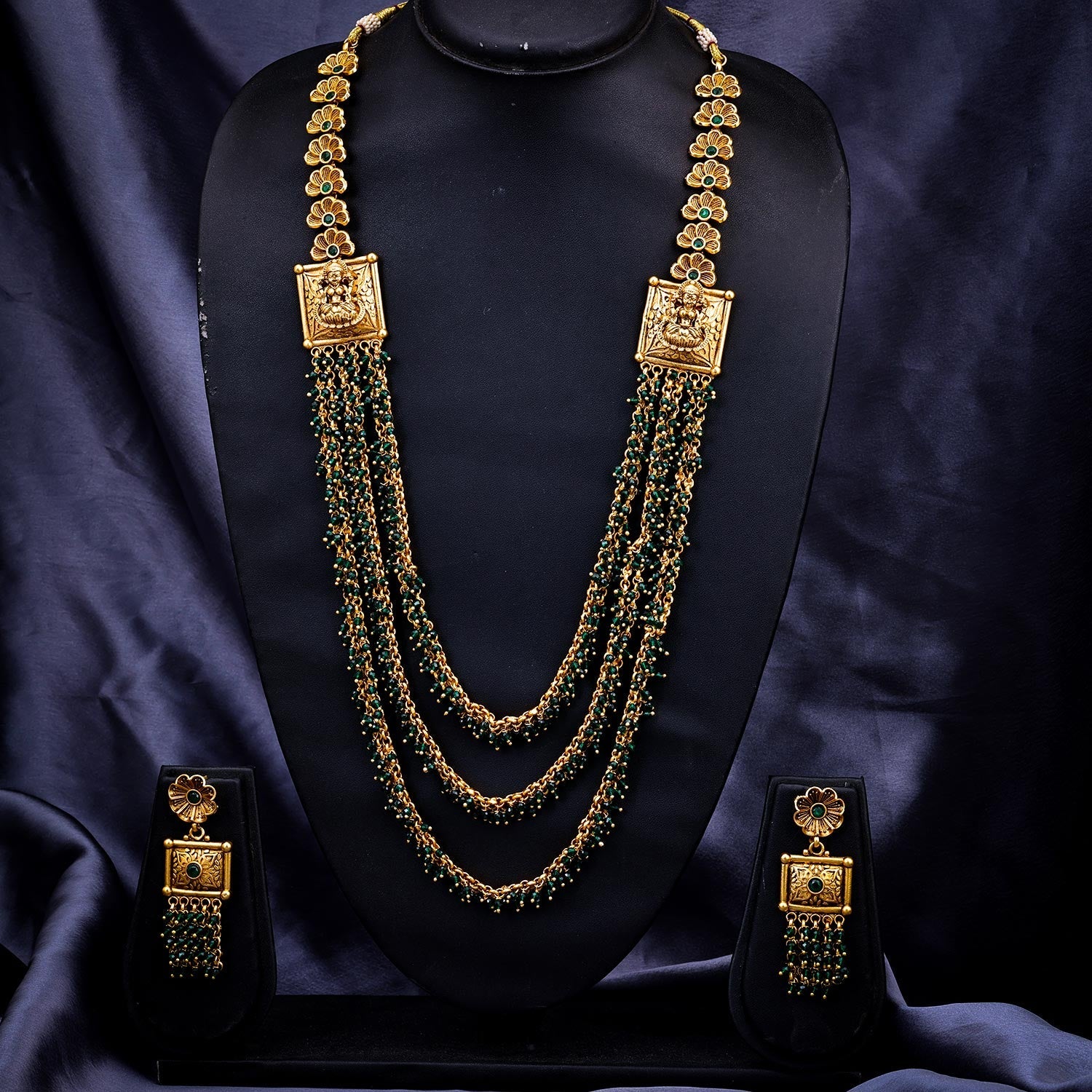 Sukkhi Green Gold Plated Kundan & Pearl Long Temple Necklace Set For Women
