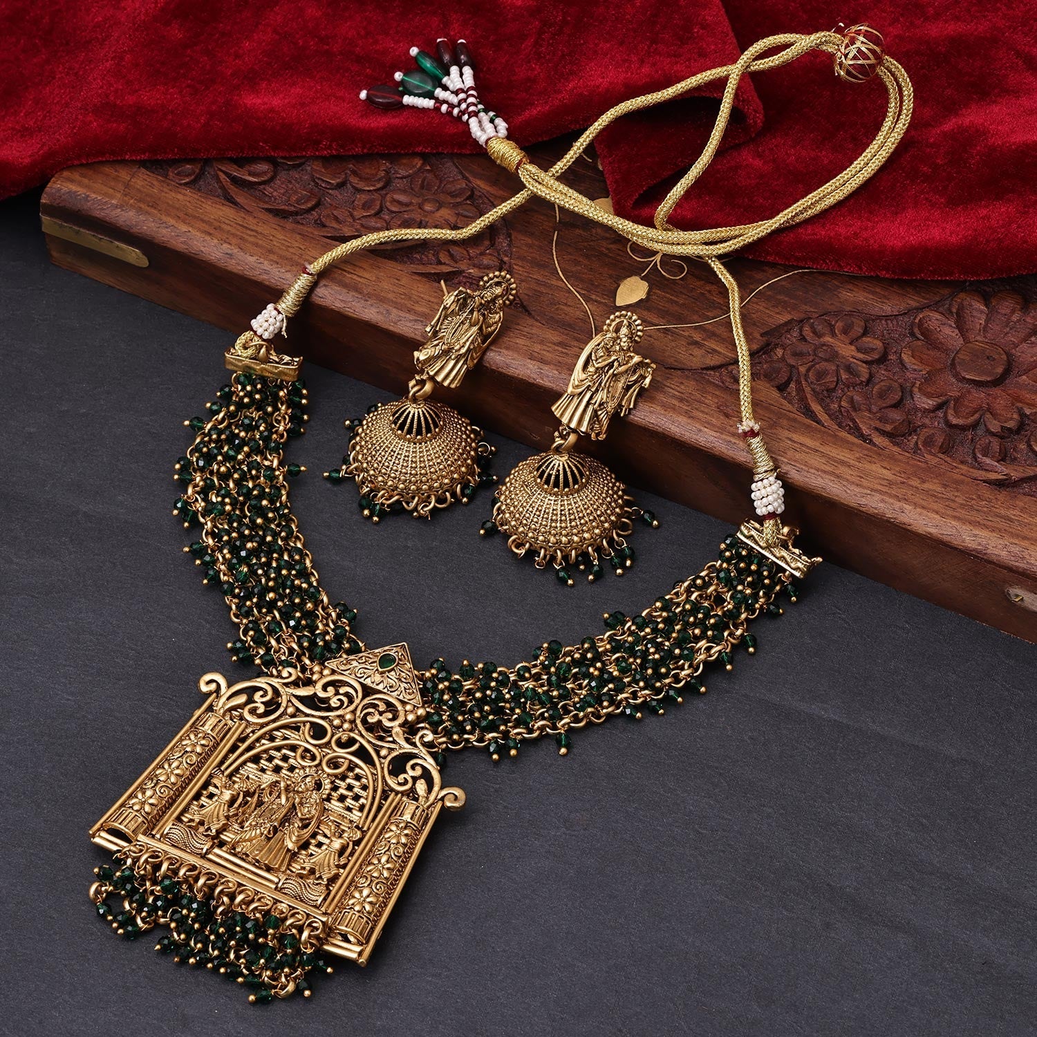 Sukkhi Green Gold Plated Kundan & Pearl Long Temple Necklace Set For Women