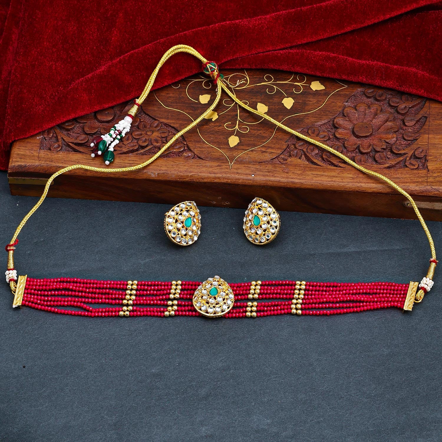Sukkhi Pink Gold Plated Kundan & Pearl Choker Necklace Set For Women