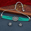 Sukkhi Light Green Black Rhodium Kundan & CZ & Pearl Choker Necklace Set For Women