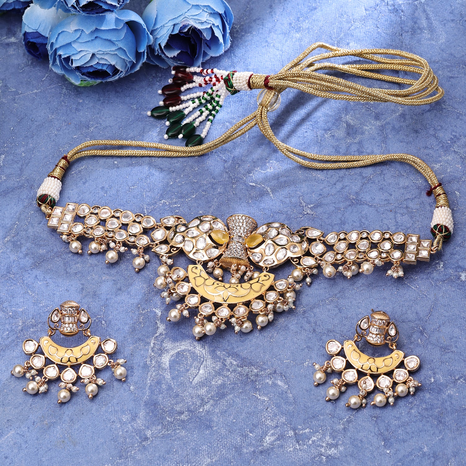 Sukkhi Enthralling Gold Plated CZ & Kundan & Pearl Golden Necklace Set for Women