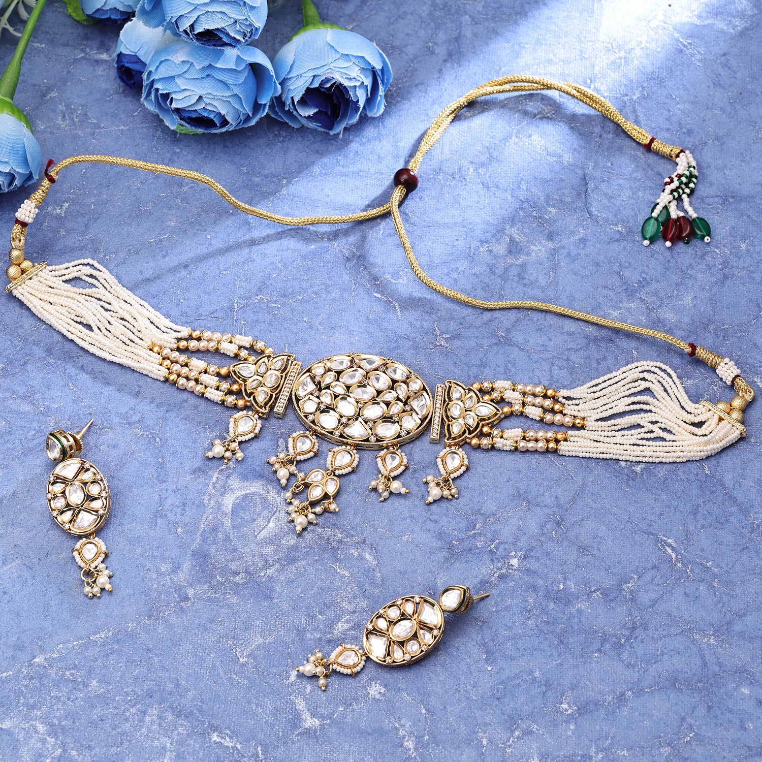 Sukkhi Galvanic Gold Plated CZ & Kundan & Pearl Golden Necklace Set for Women