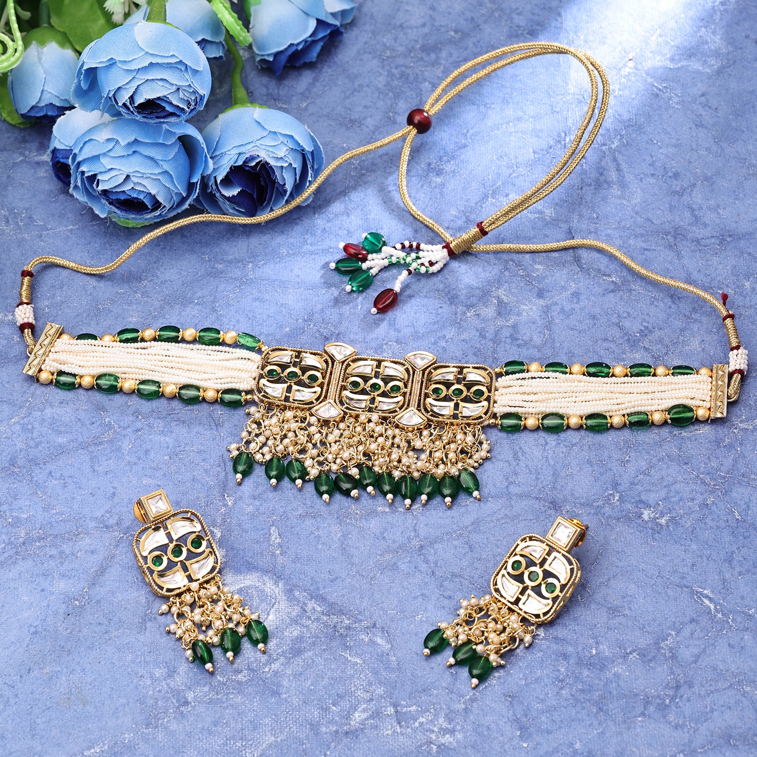 Sukkhi Gripping Gold Plated Kundan & Pearl Green Necklace Set for Women