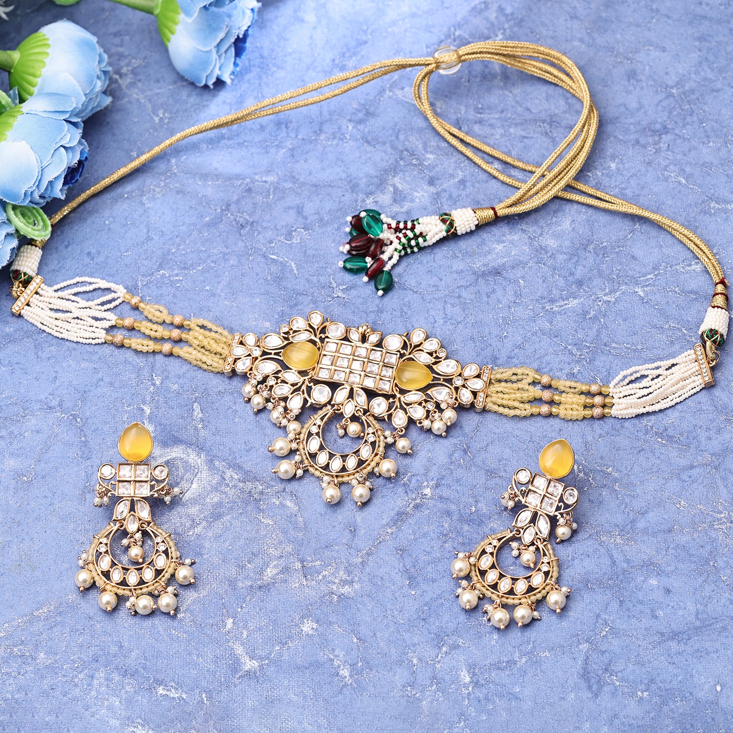 Sukkhi Haunting Gold Plated Kundan & Pearl Golden Necklace Set for Women