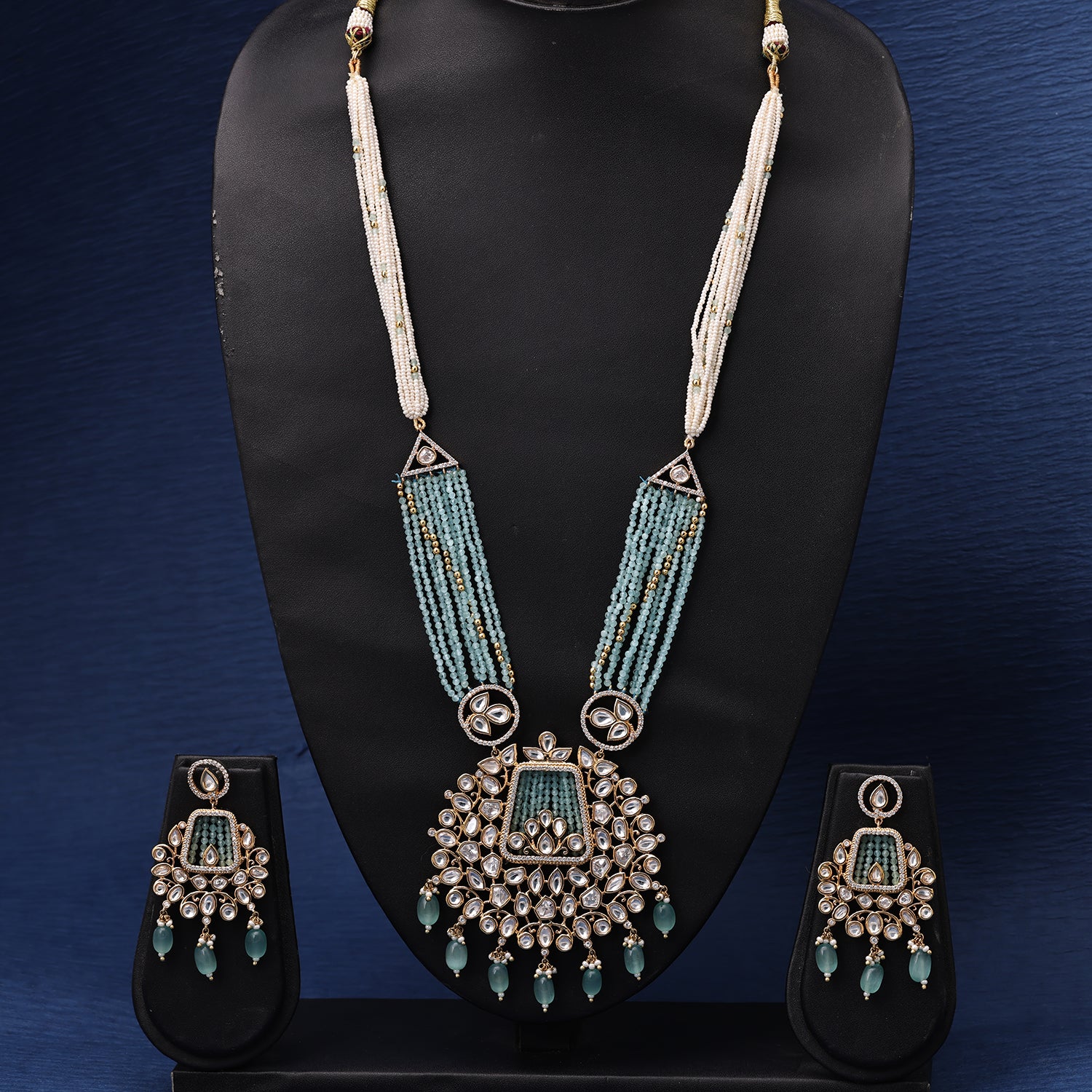 Sukkhi Beckoning Gold Plated CZ & Kundan & Pearl Aqua Necklace Set for Women