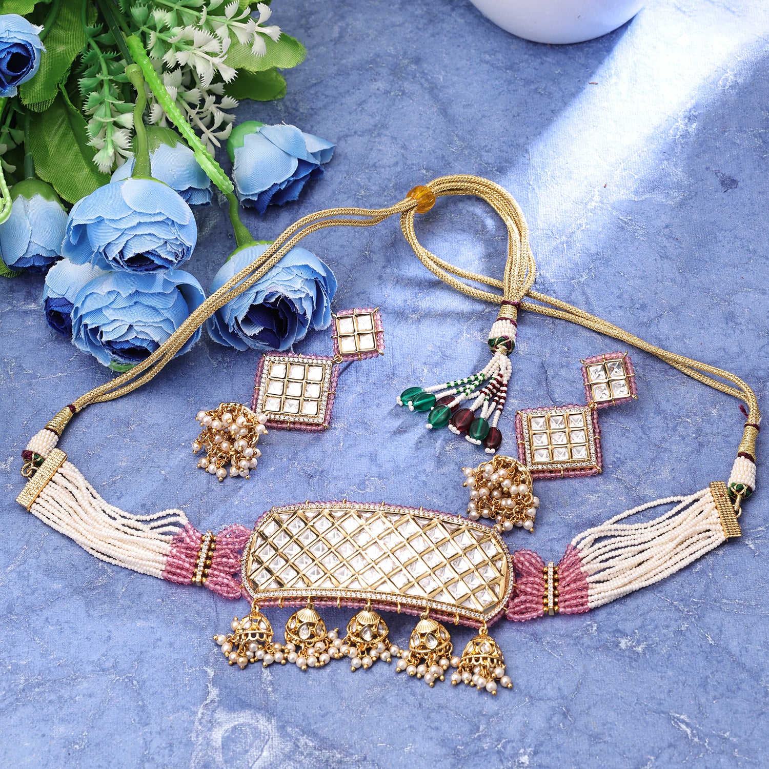 Sukkhi Inviting Gold Plated CZ & Kundan & Pearl Pink Necklace Set for Women