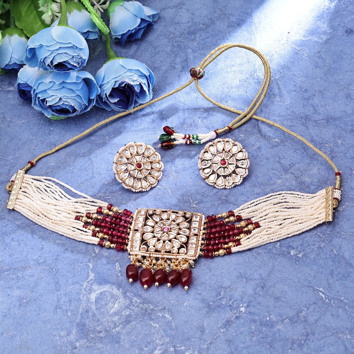 Sukkhi Alluring Gold Plated CZ & Kundan & Pearl Maroon Necklace Set for Women