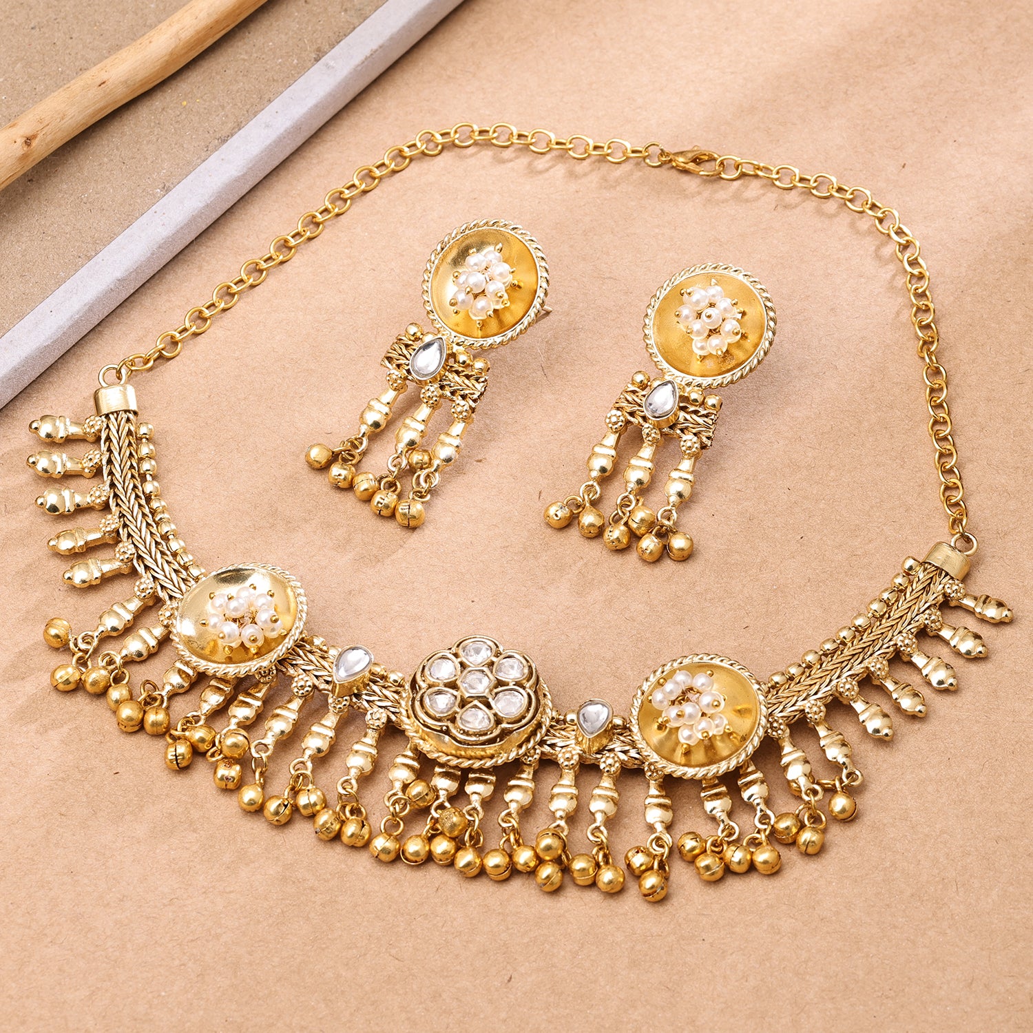 Sukkhi Enchanting Gold Plated Kundan & Pearl Golden Necklace Set for Women