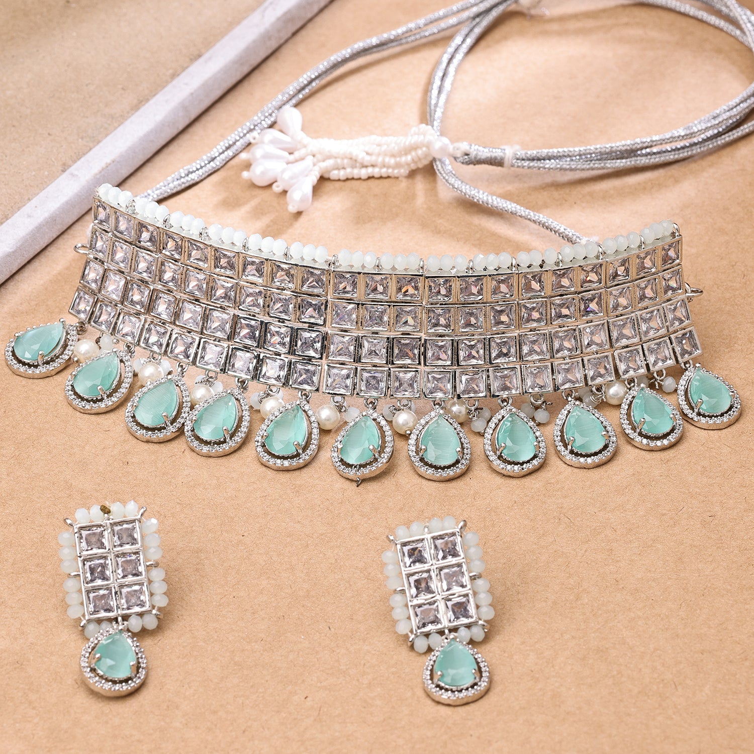 Sukkhi Engaging Rhodium Plated CZ & Pearl Aqua Necklace Set for Women
