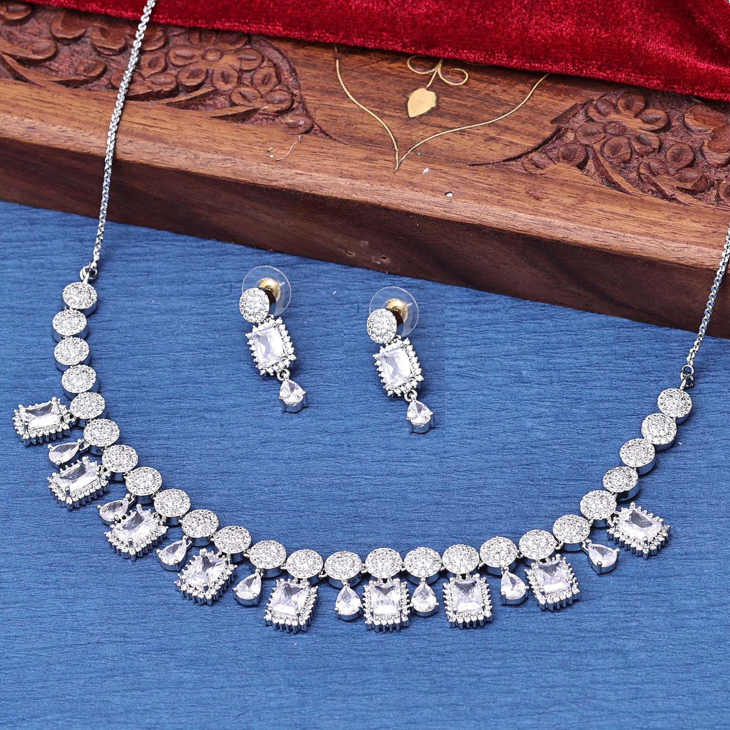 Sukkhi Entrancing Rhodium Plated CZ Silver Necklace Set for Women