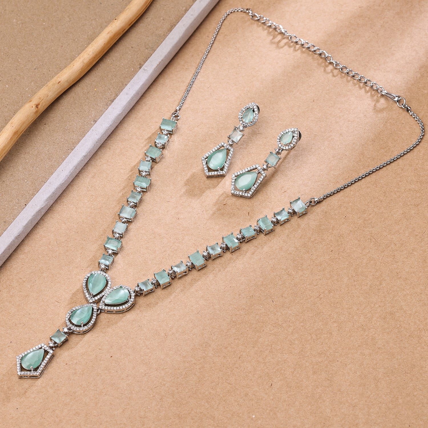 Sukkhi Fetching Rhodium Plated CZ Green Necklace Set for Women