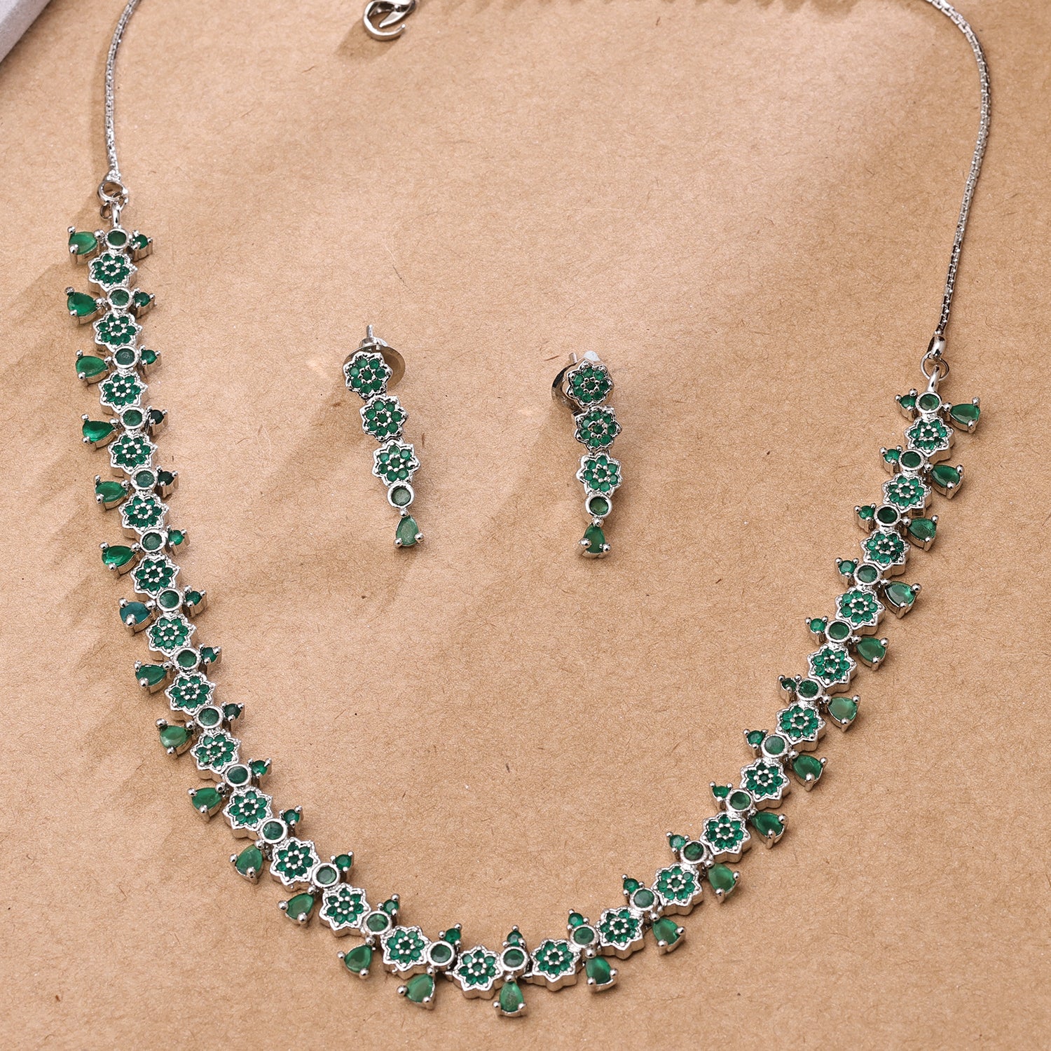 Sukkhi (Also Glamourous) Rhodium Plated CZ Green Necklace Set for Women