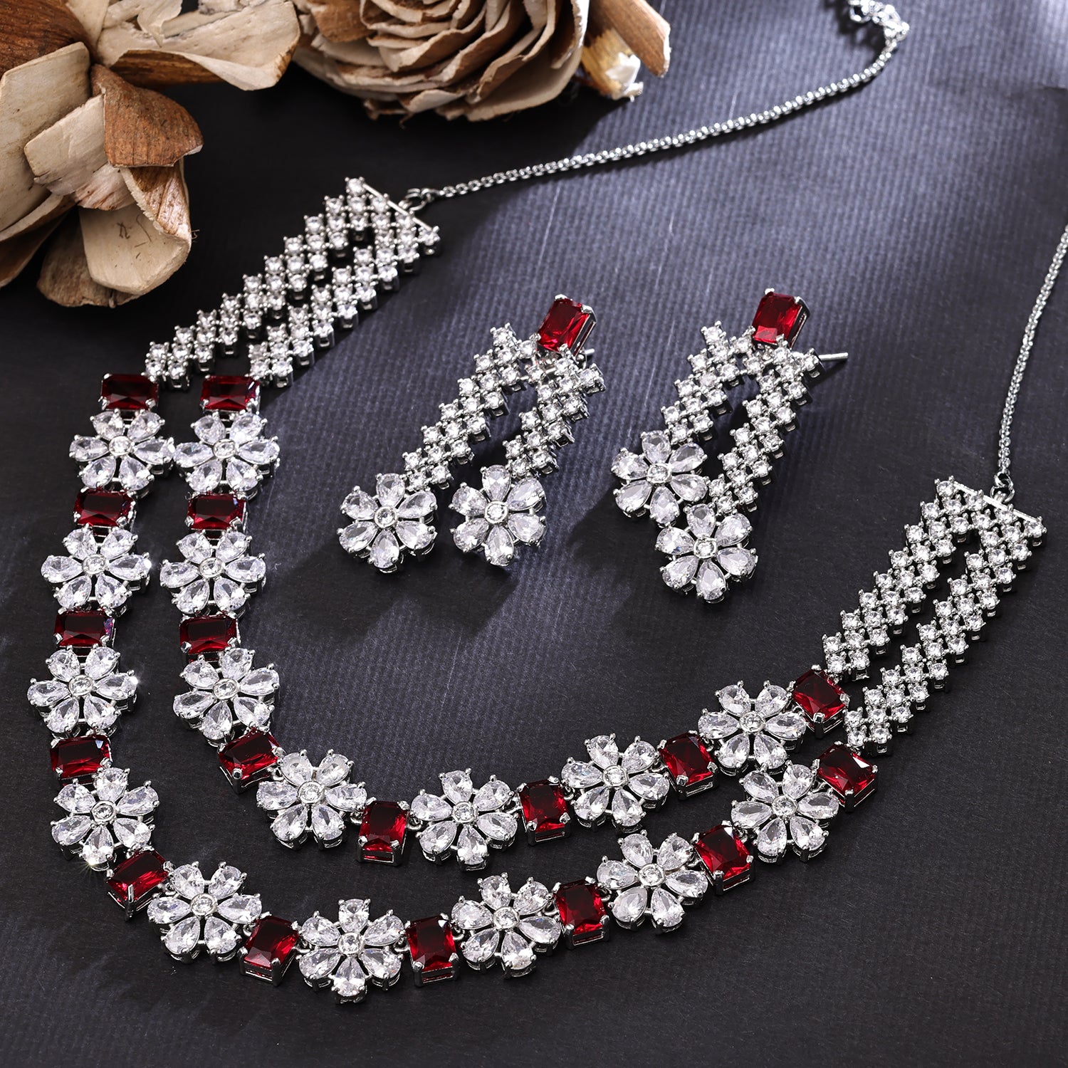 Sukkhi Magnetic Rhodium Plated CZ Maroon Necklace Set for Women
