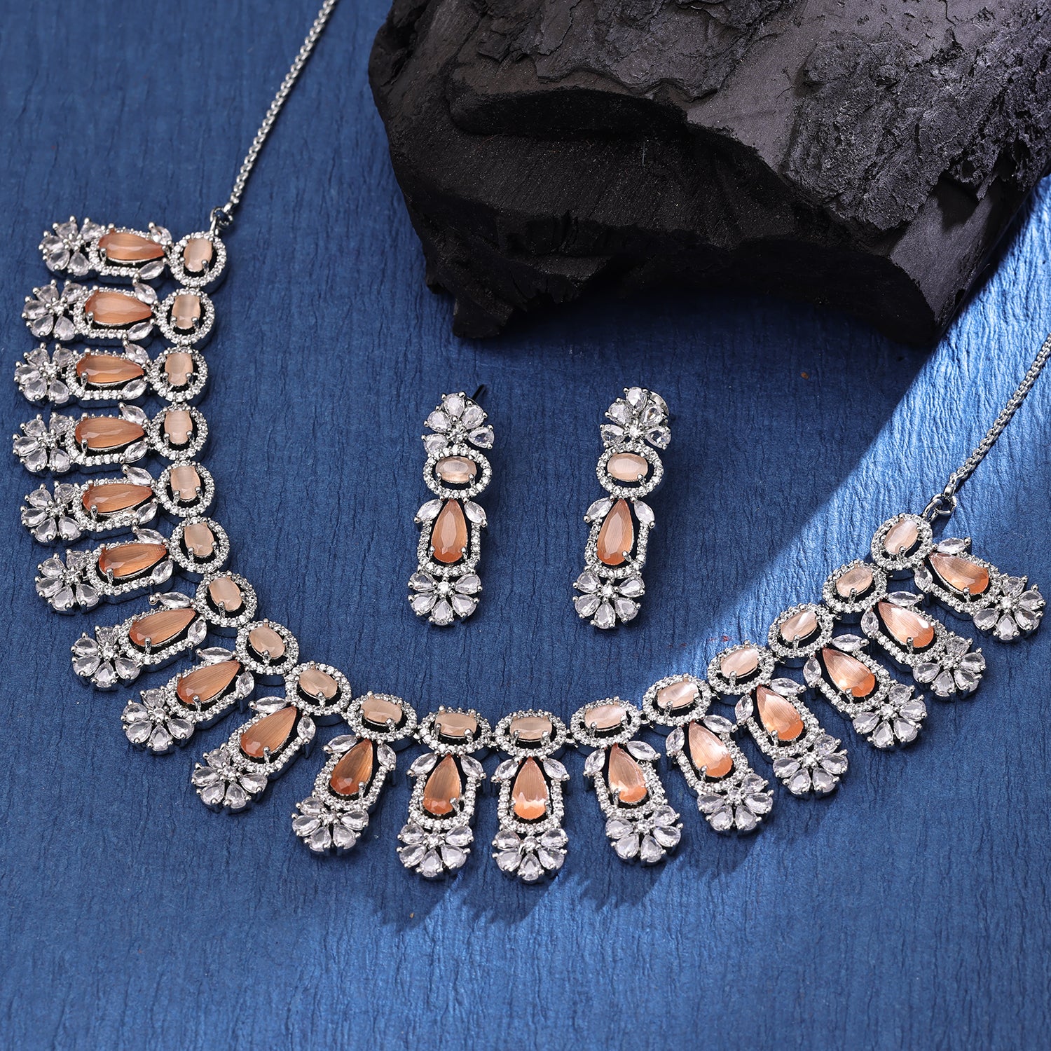 Sukkhi Comely Rhodium Plated CZ Orange Necklace Set for Women