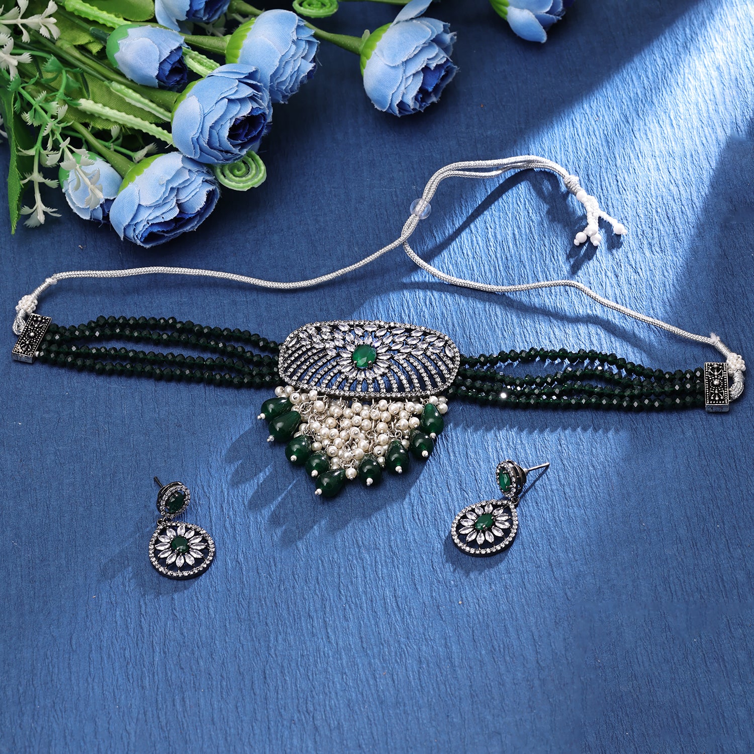 Sukkhi Gorgeous Rhodium Plated CZ & Pearl Green Necklace Set for Women