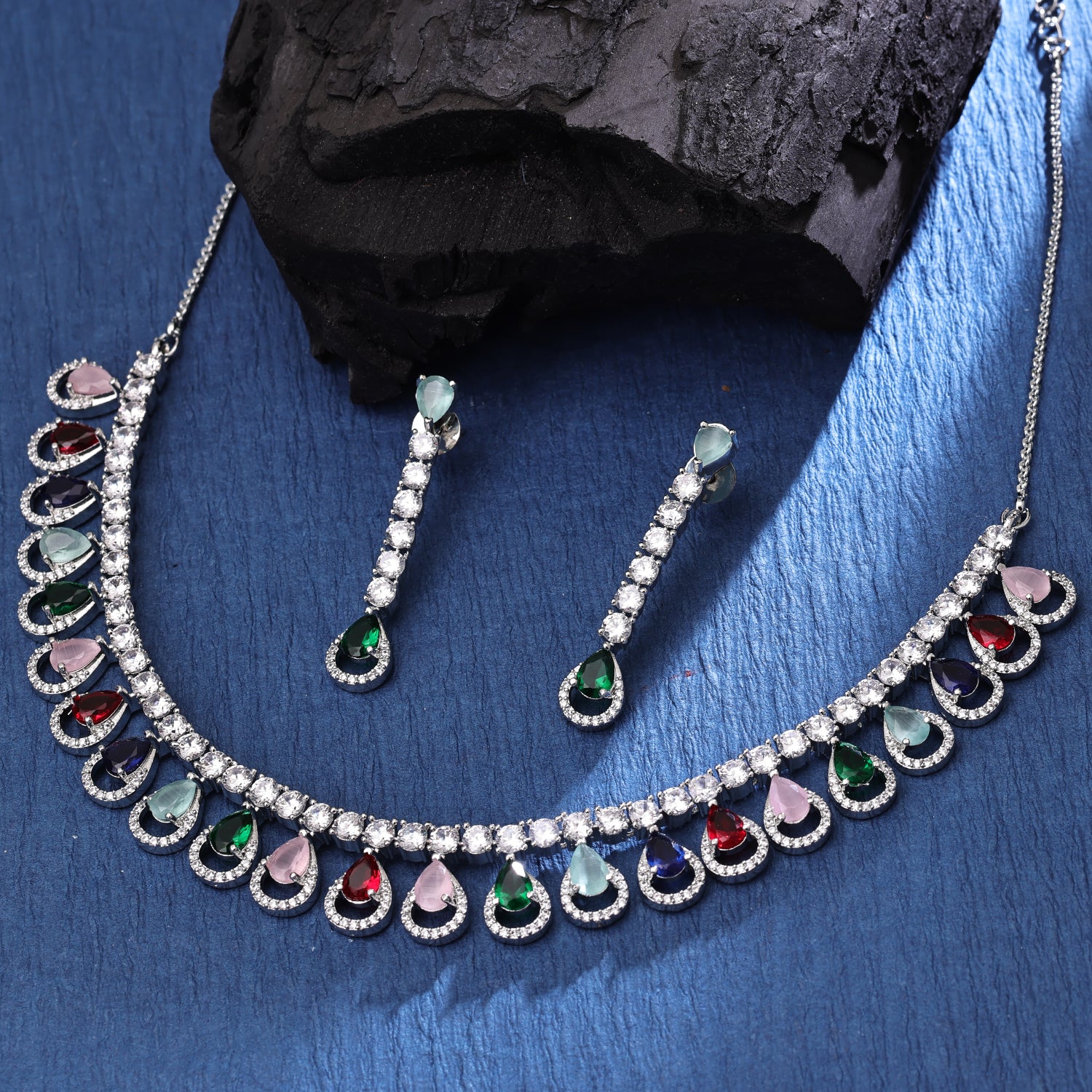 Sukkhi Handsome Rhodium Plated CZ Multi Necklace Set for Women