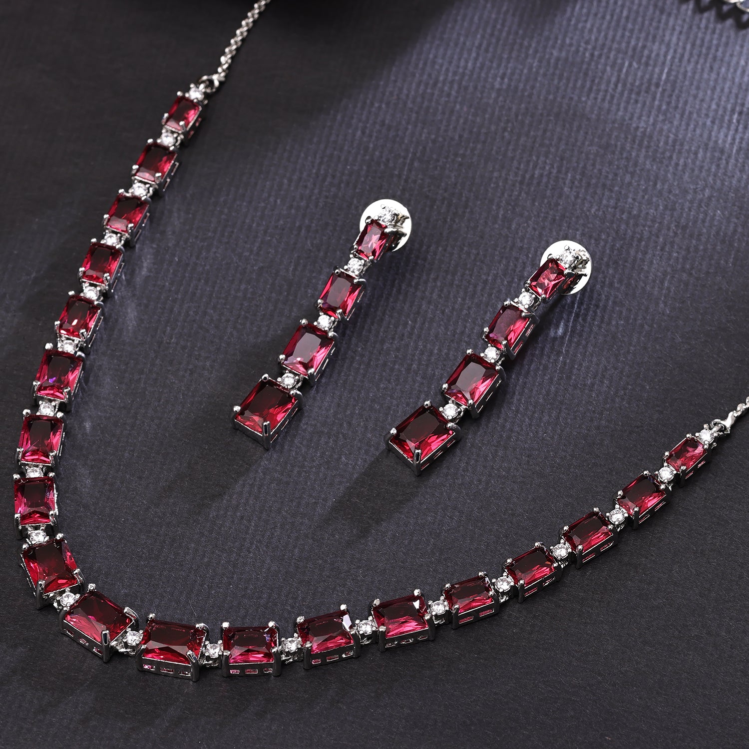 Sukkhi Knockout Rhodium Plated CZ Pink Necklace Set for Women